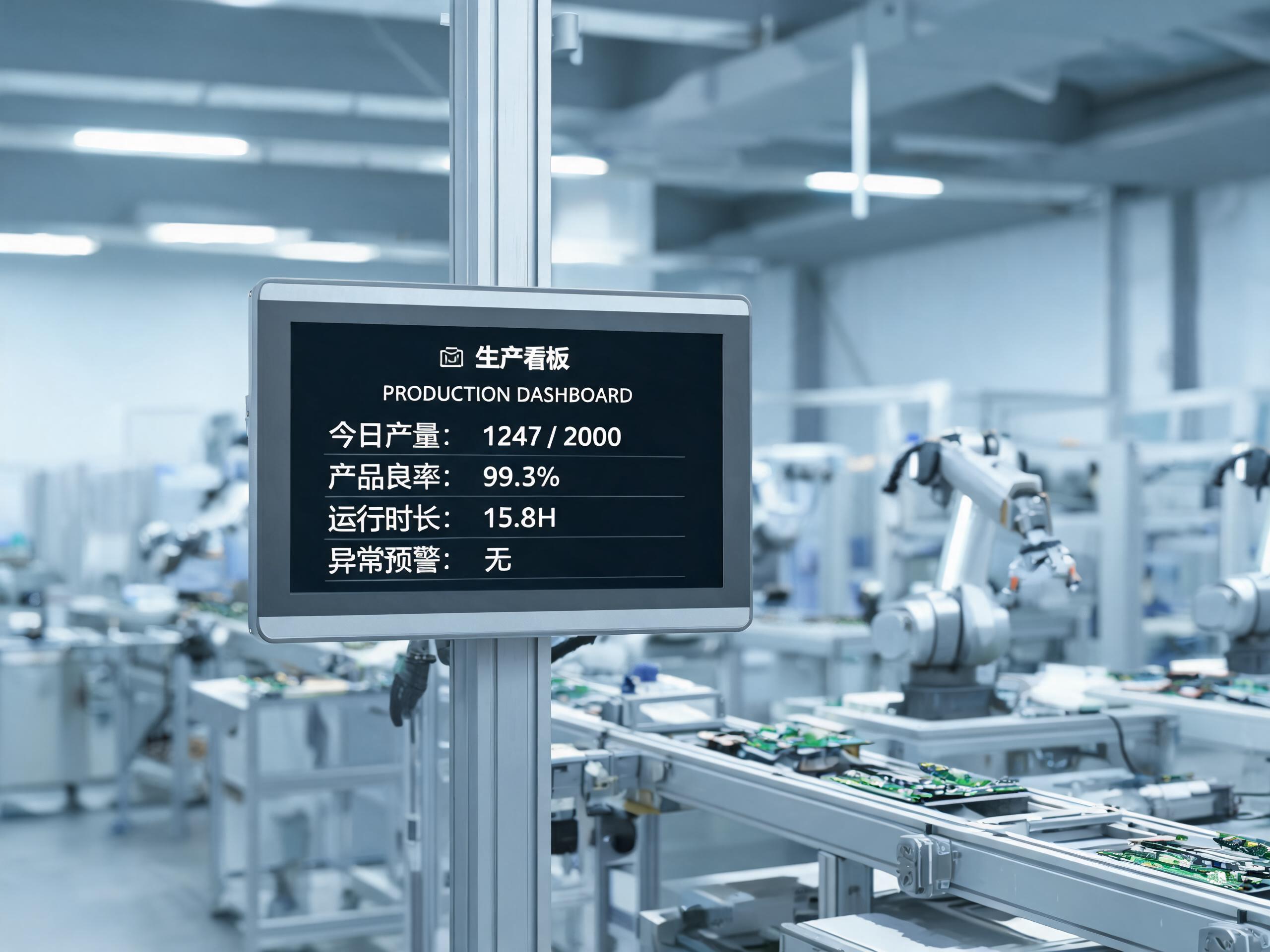 工业显示屏产线看板部署 工业显示屏固定安装在电子制造车间产线立柱上显示生产看板
