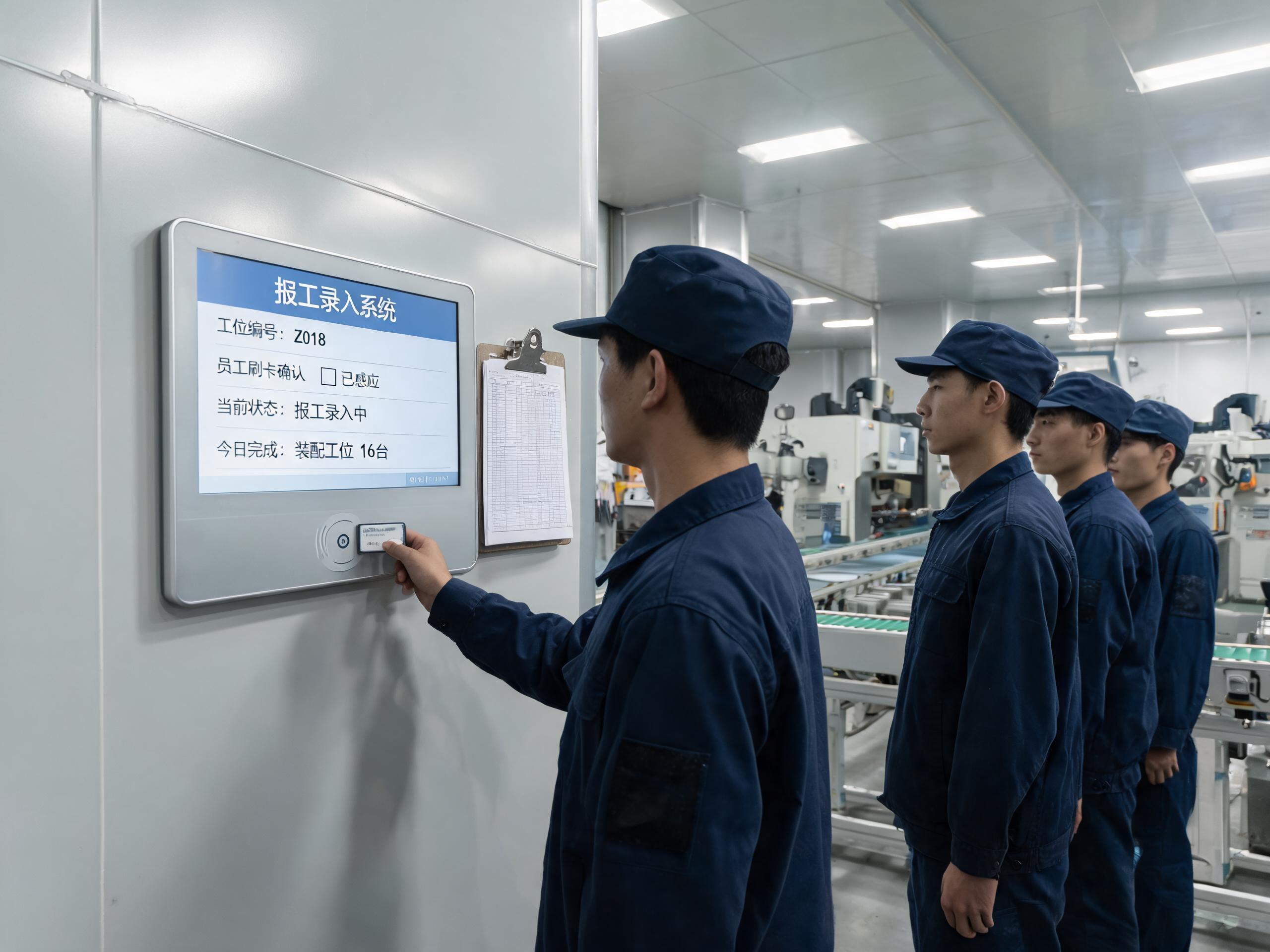 换班窗口的报工排队 装配车间换班高峰工人在壁挂式MES工位一体机前排队补录报工的场景