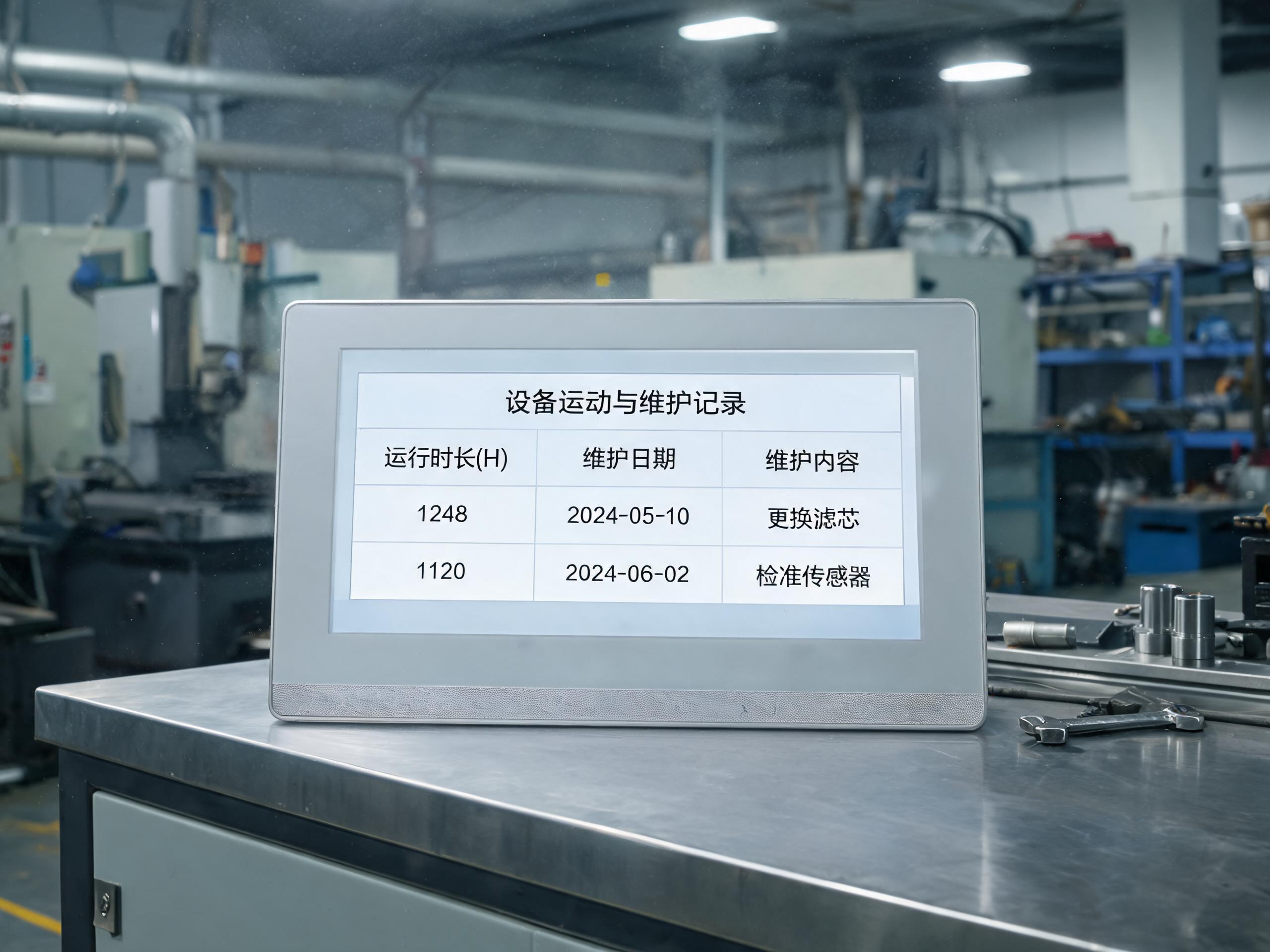 车间工位上嵌入式安装的MES工业一体机屏幕显示设备运行时长与维护记录统计