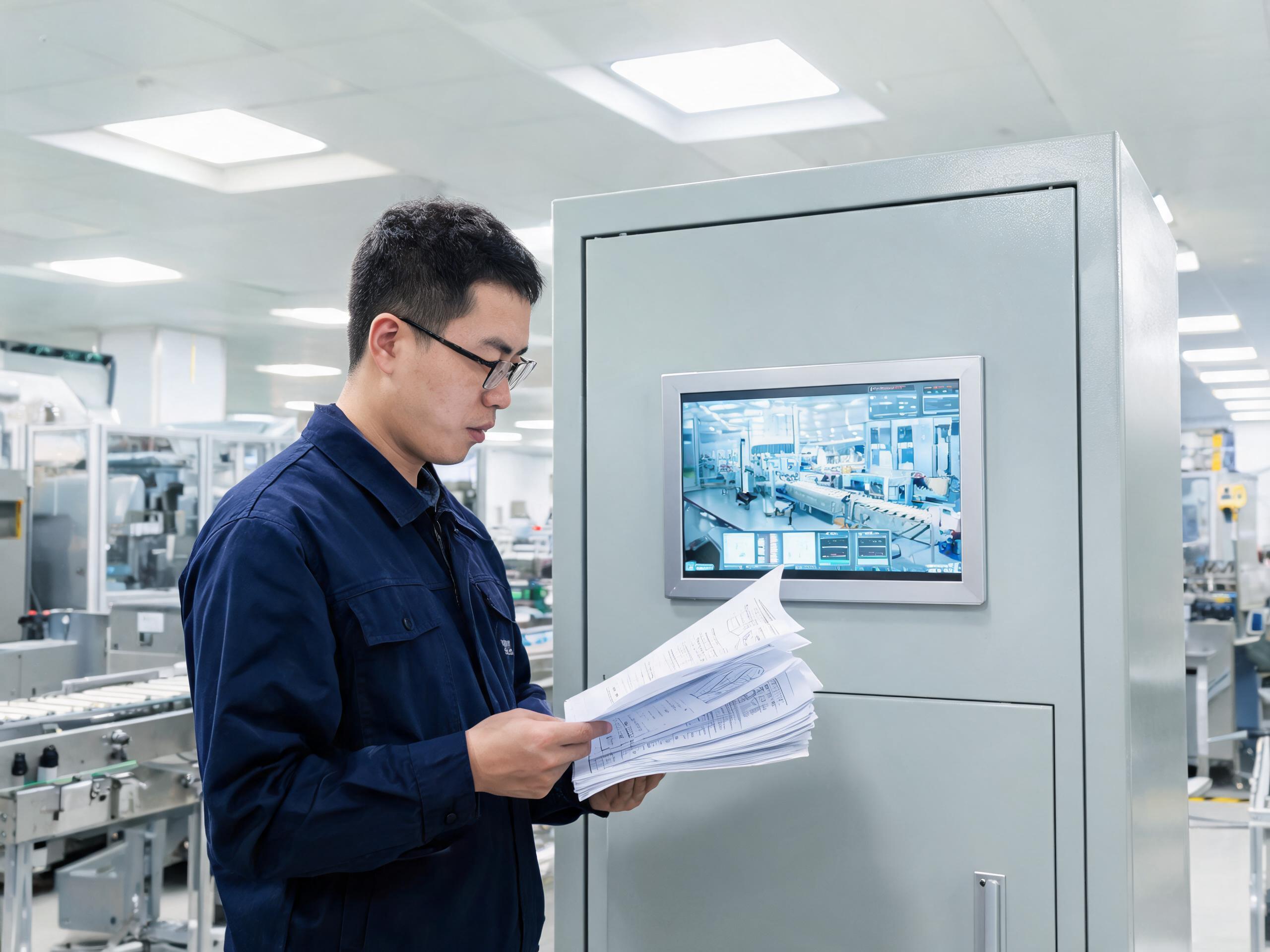 报告要看具体页 工程师在产线旁核对工业显示屏第三方检测报告的温度测试点与负载状态
