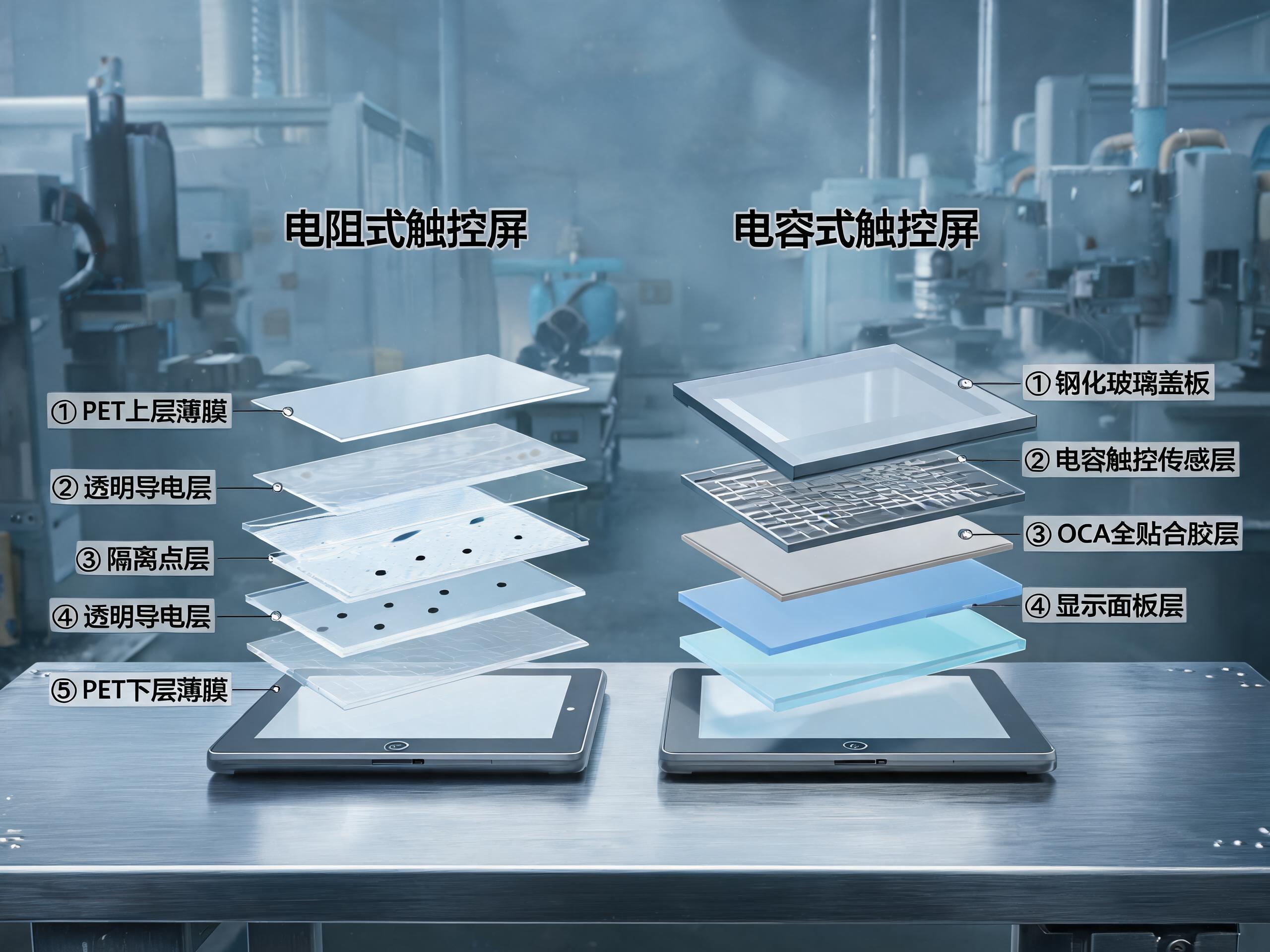 两条触控路线的结构差异 MES工业一体机电阻屏与电容屏触控层的分层结构对比