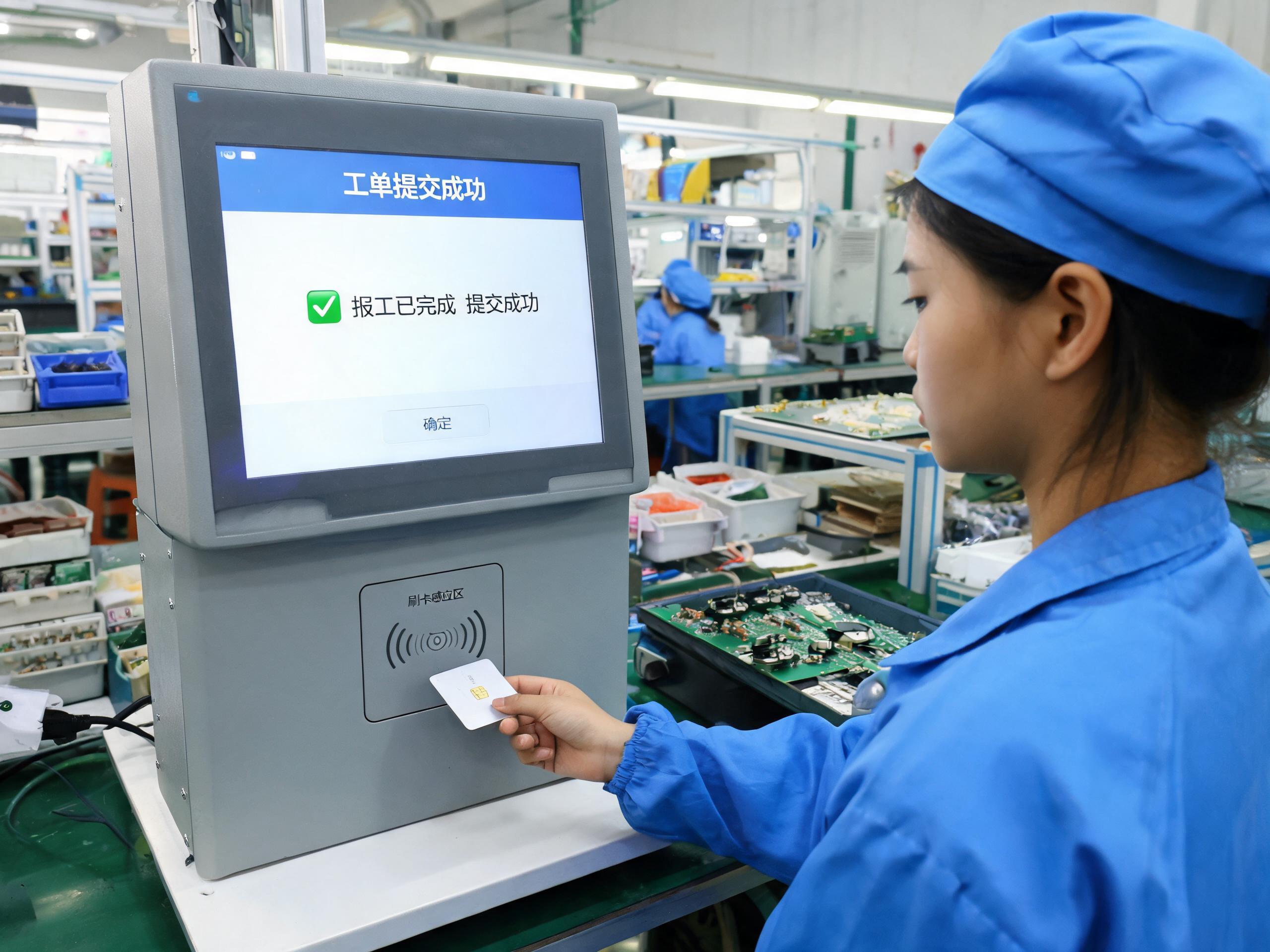 员工在MES工位终端一体机前置刷卡区刷卡报工
