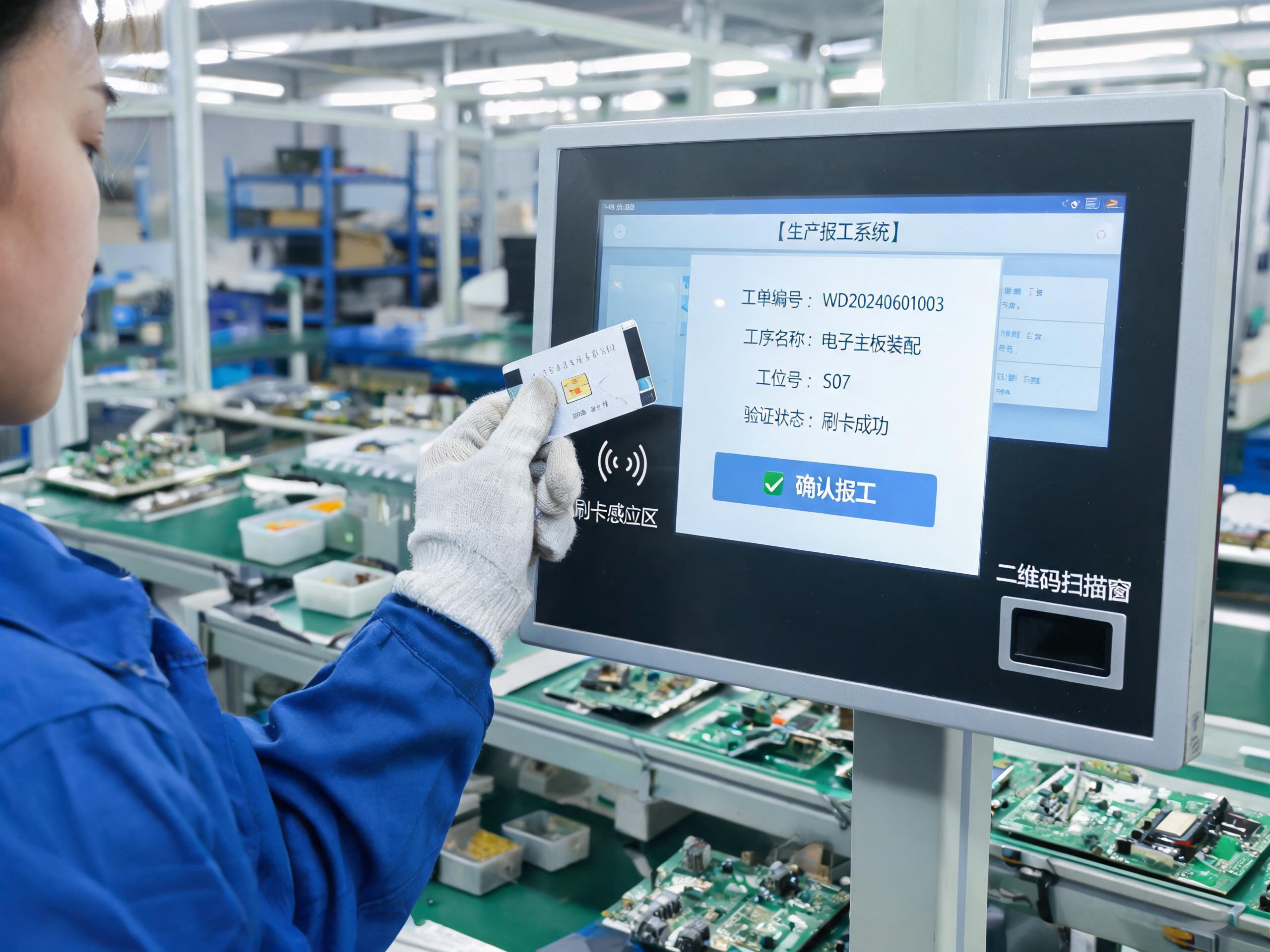 前置刷卡扫码报工 操作工在前置刷卡扫码的MES工业一体机上报工