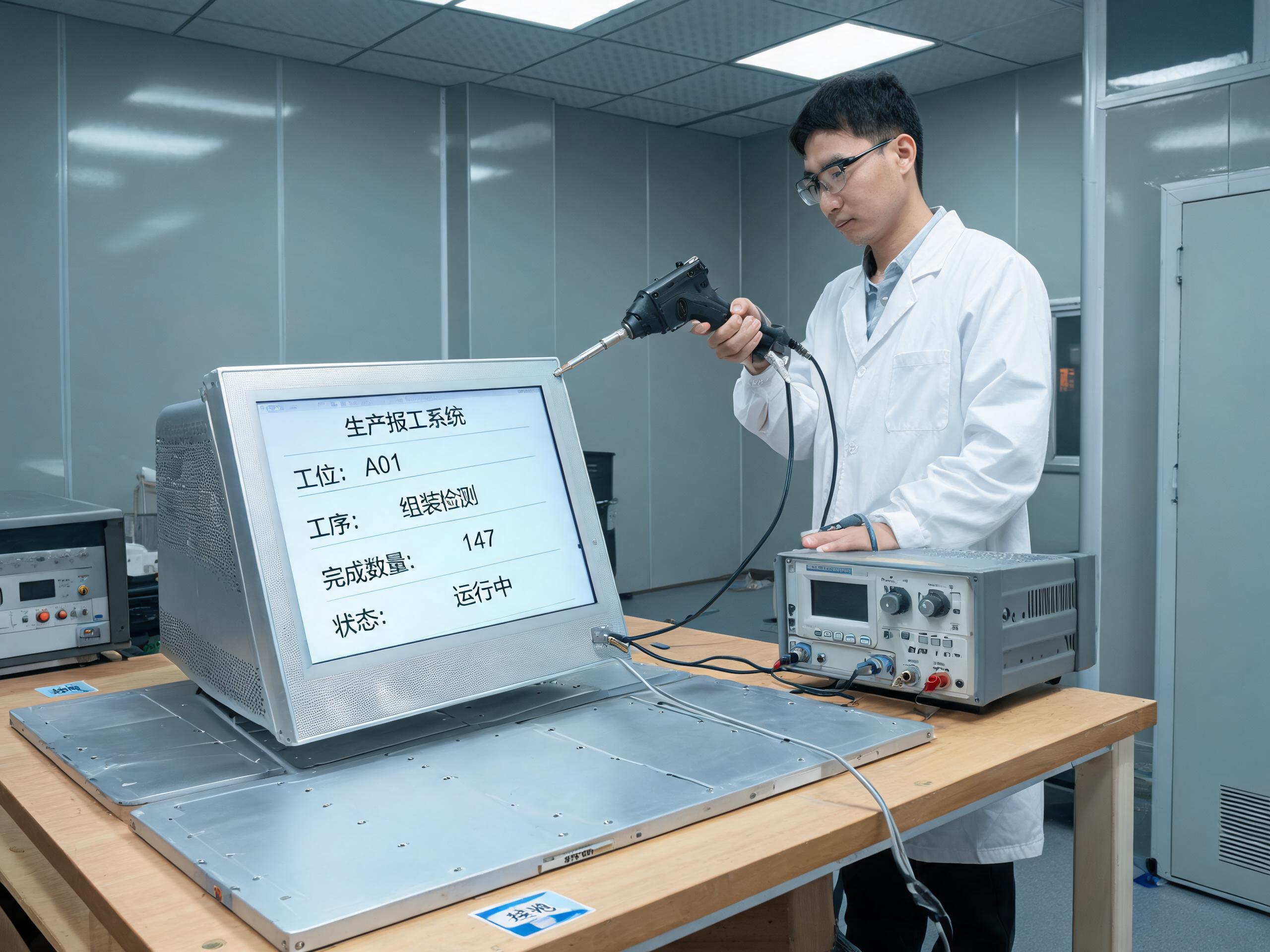 工程师用静电放电枪测试mes工位终端一体机金属边框的抗扰度