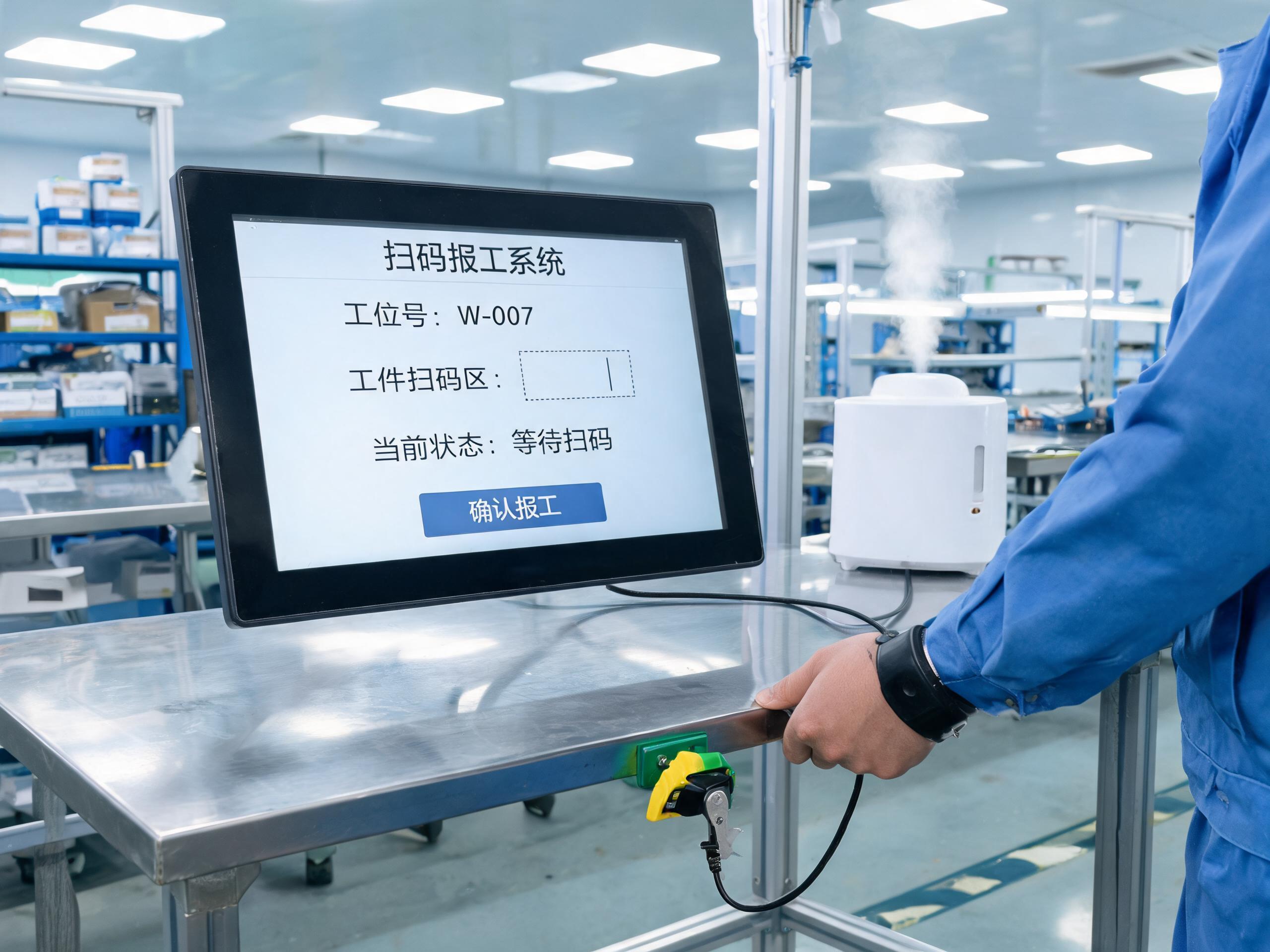 操作工佩戴防静电手环在mes工位终端一体机工位前刷卡报工