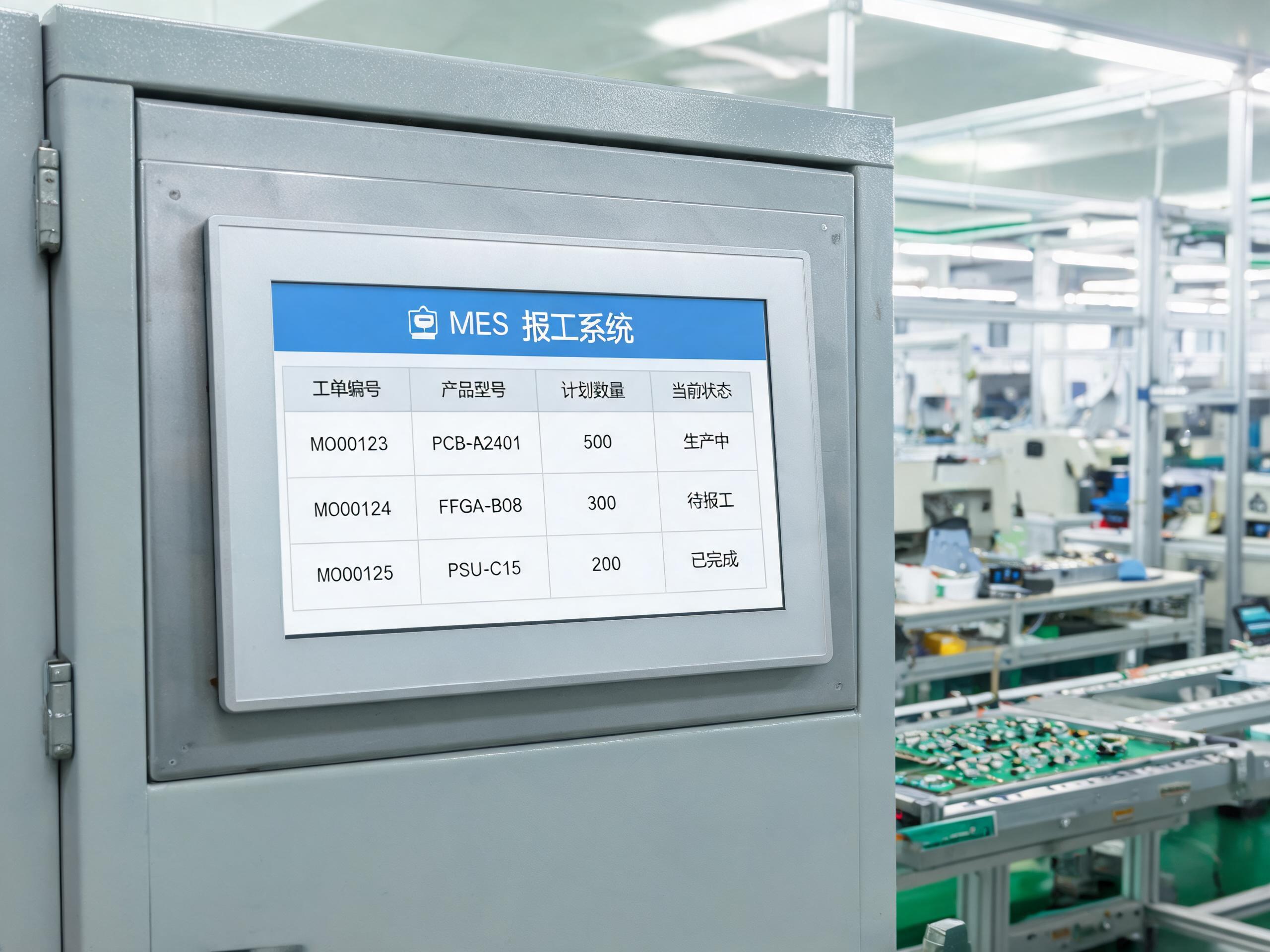 工位终端系统路线选型现场 车间控制柜上嵌入式安装的mes工业一体机屏幕显示MES报工界面