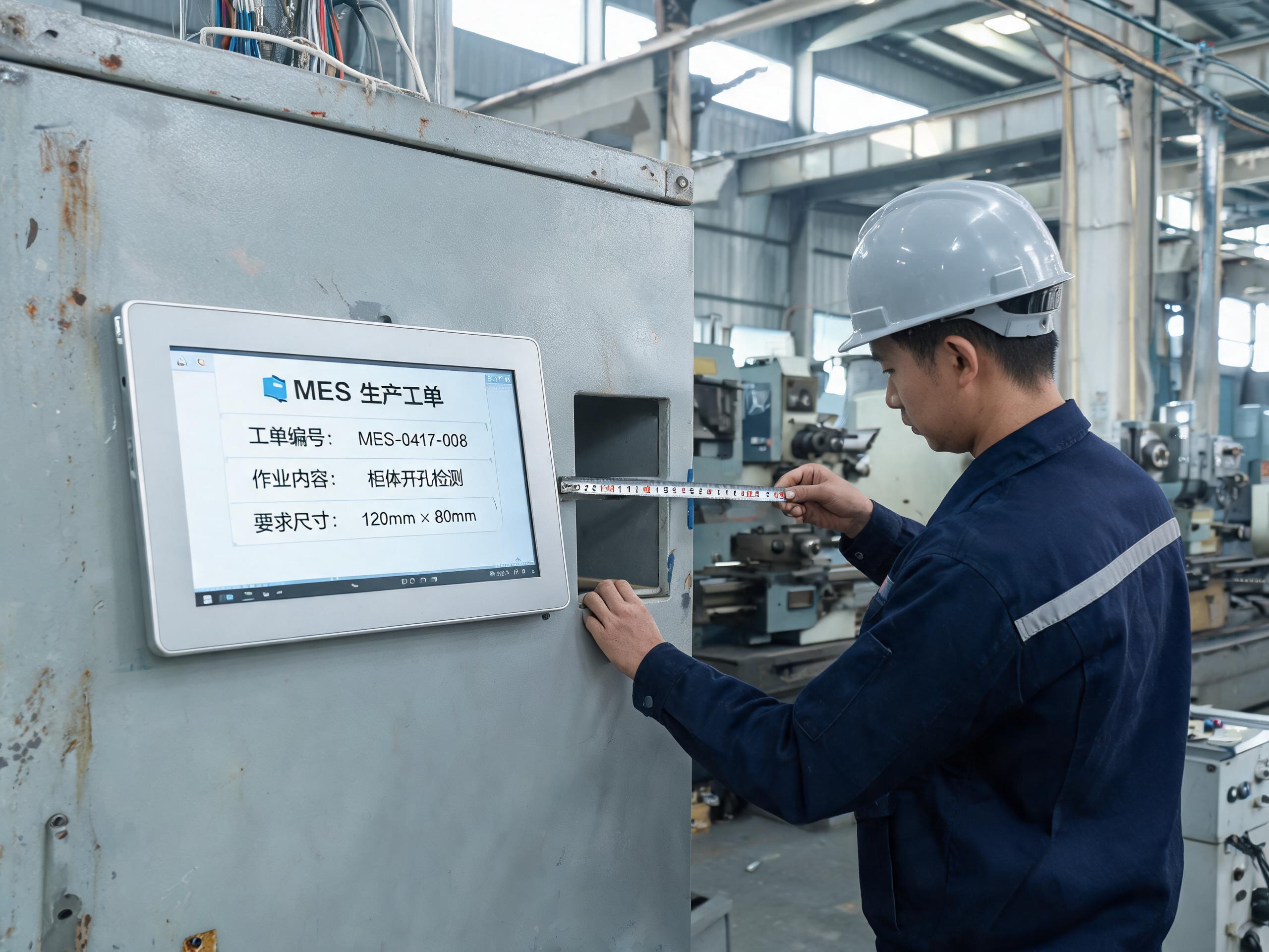 安装形态敲定前的柜体测绘现场 工程师在老旧金属控制柜前测量开孔尺寸,准备嵌入式安装mes工位终端一体机