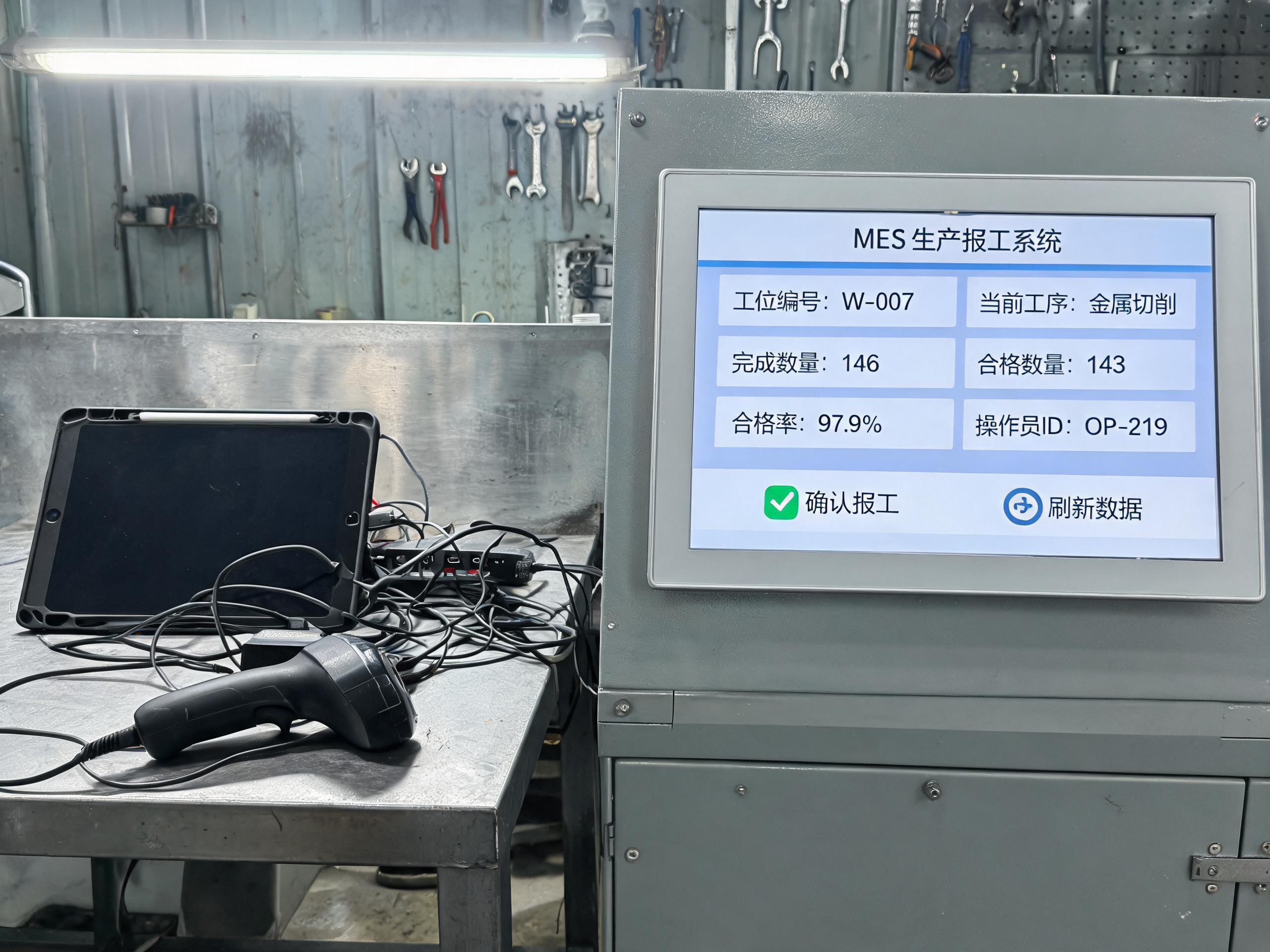 商用平板加壳与mes工业一体机两条路线的工位对照 金属加工车间工位上套着硅胶防护壳外接扫码枪的商用平板,旁侧是嵌入式安装的全封闭无风扇mes工业一体机