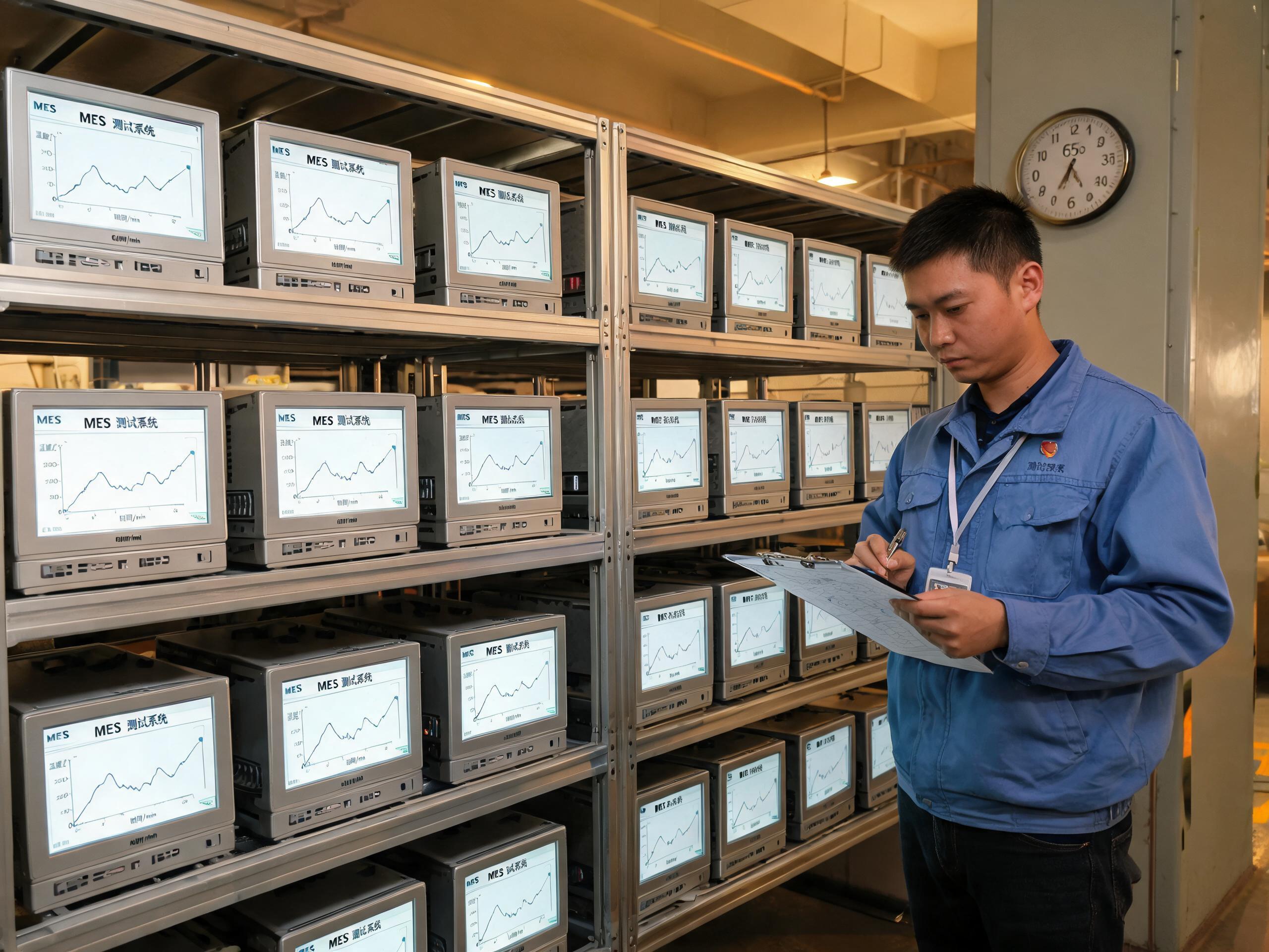 出厂前满负荷高温老化测试现场 工厂老化房内成排mes工业一体机在高温老化架上满负荷烤机,工程师对照记录板核对温度与运行数据