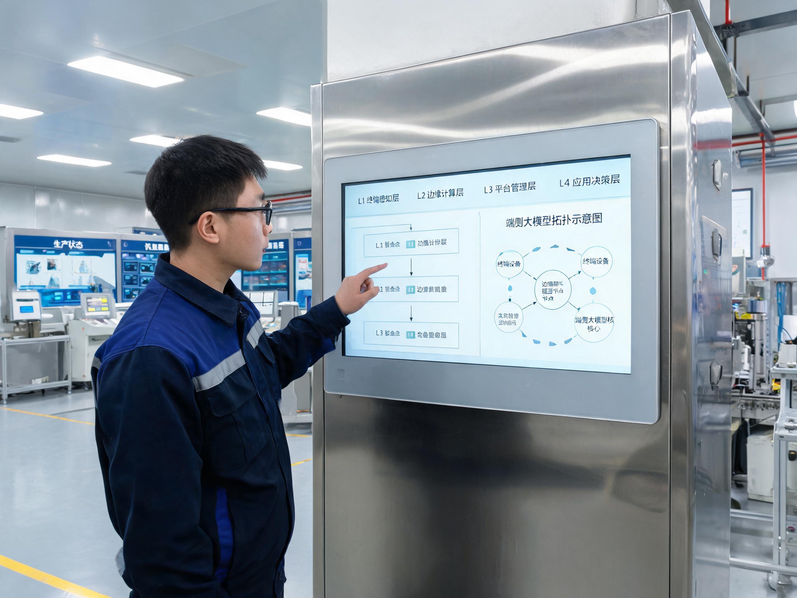 终端分级政策解读 工程师对照嵌入控制柜的工业厂家平板电脑查看L1至L4终端智能化分级架构图
