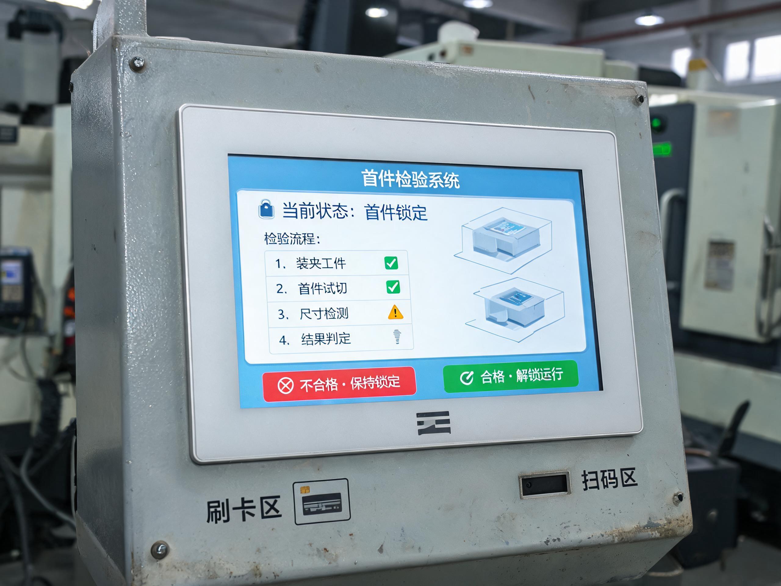 首检锁定与过站拦截逻辑 嵌入式mes工位一体机前置刷卡扫码模块,屏幕显示首件检验锁定与合格解锁界面