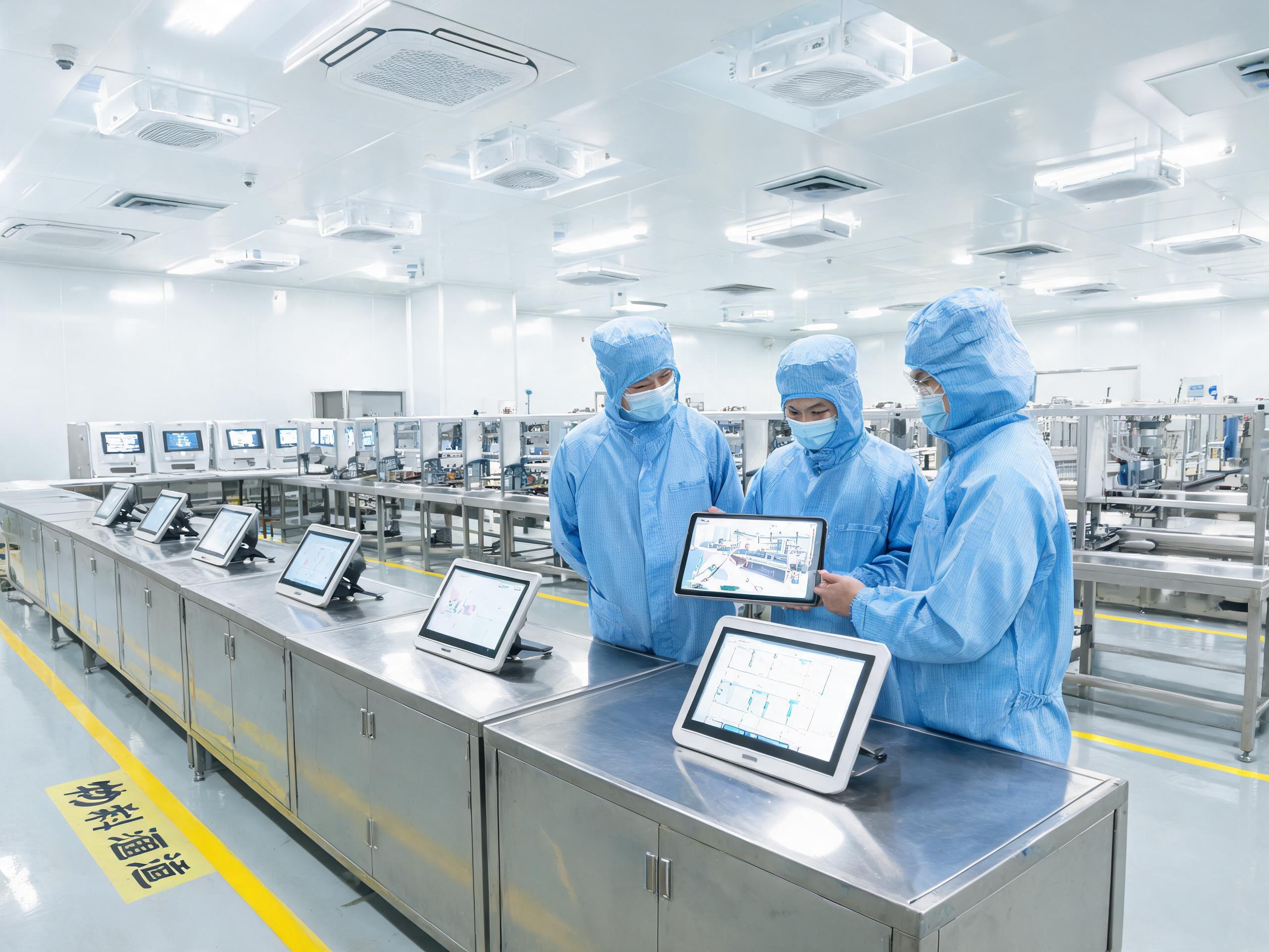 新产线工位终端布点要先于设备进场 工程师在锂电池无尘车间自动化产线旁对照布局图规划mes工位终端一体机布点