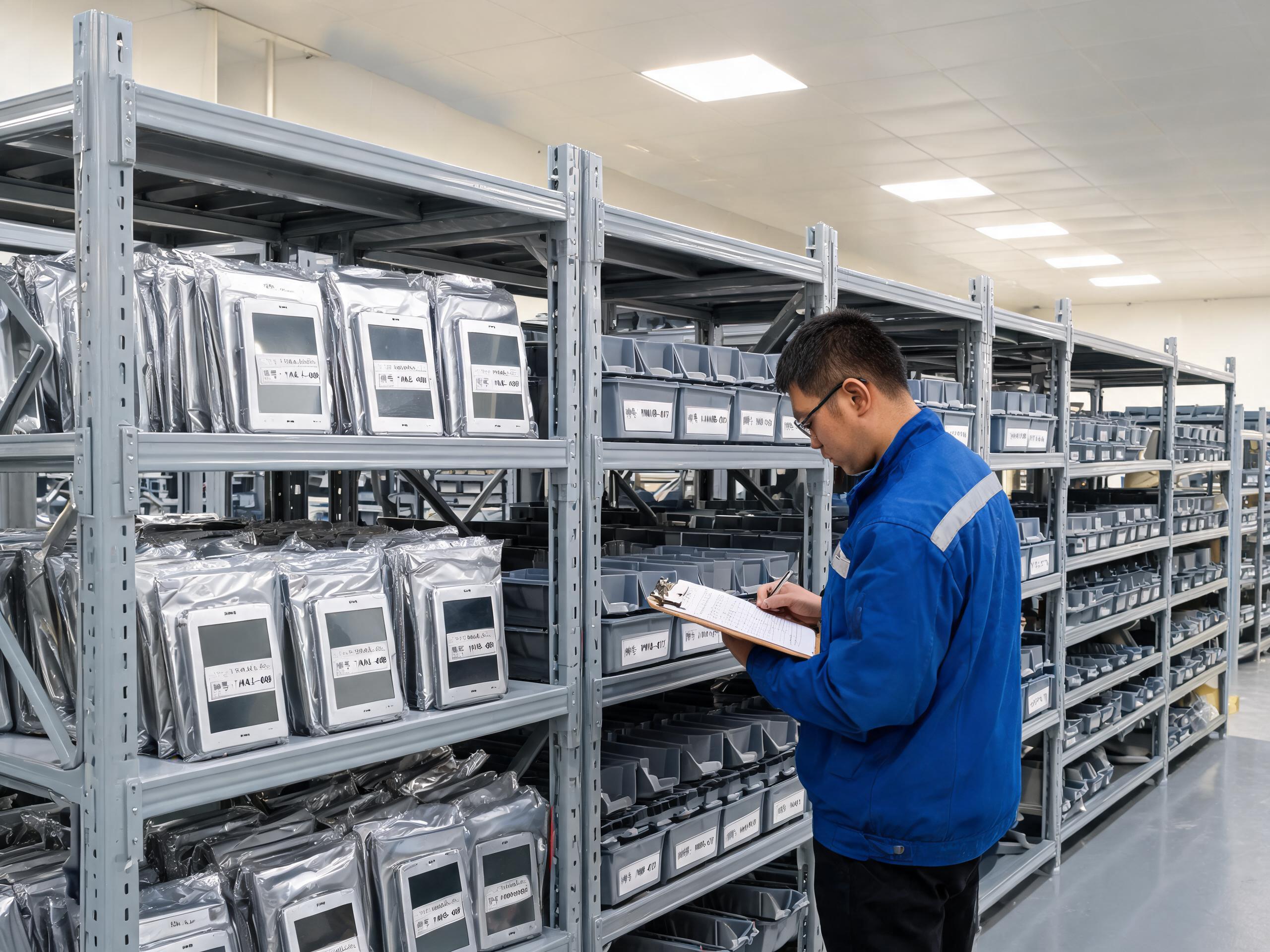 同型号续供决定后两年备件账 工厂备件仓库货架上整齐摆放同型号工业厂家平板电脑备机与电源料盒,工程师对照料号清单盘点