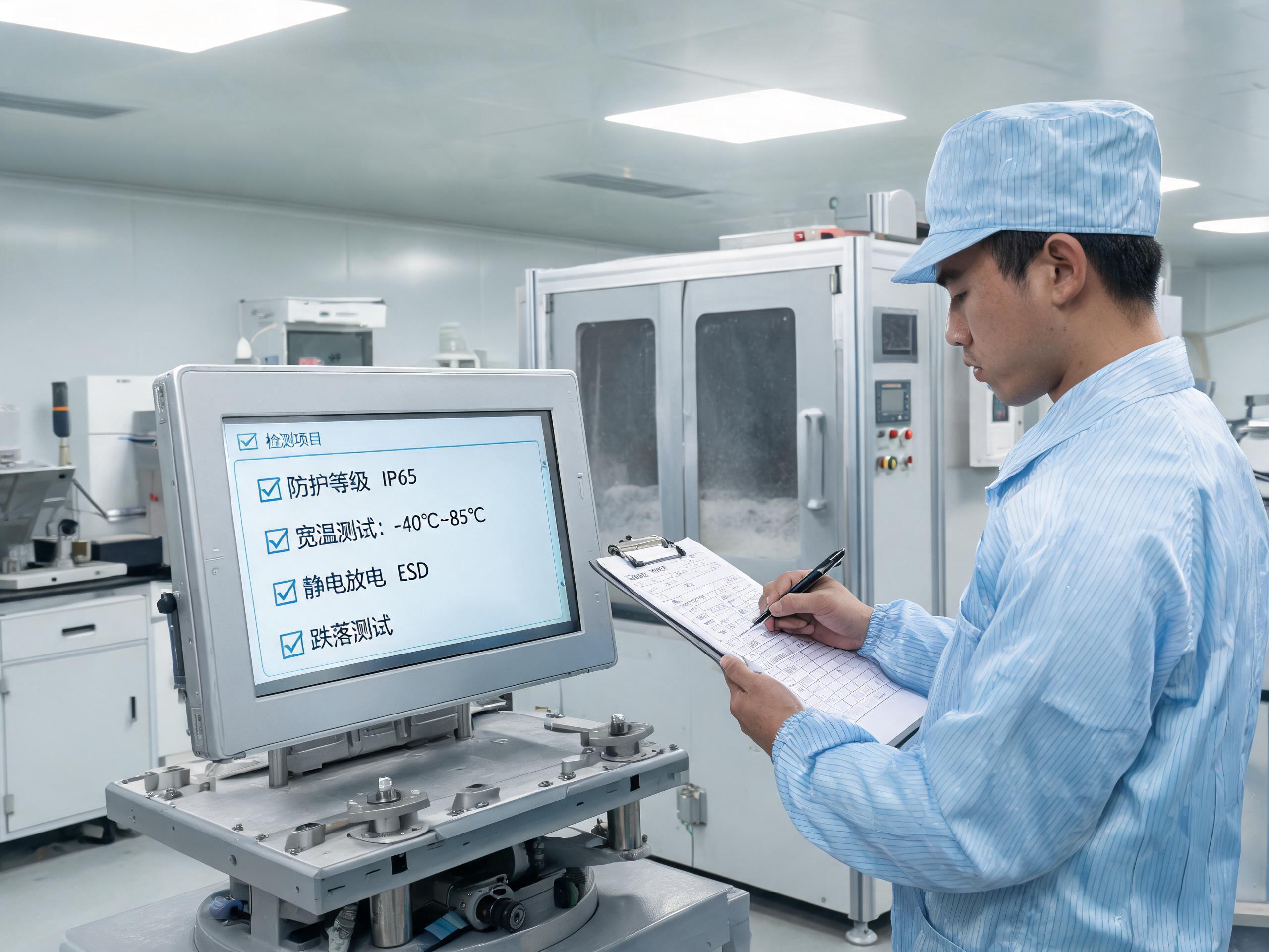 样机实测比参数表更有说服力 可靠性实验室中工程师在振动台与粉尘试验箱旁记录固定在金属工装上的工业厂家平板电脑测试数据