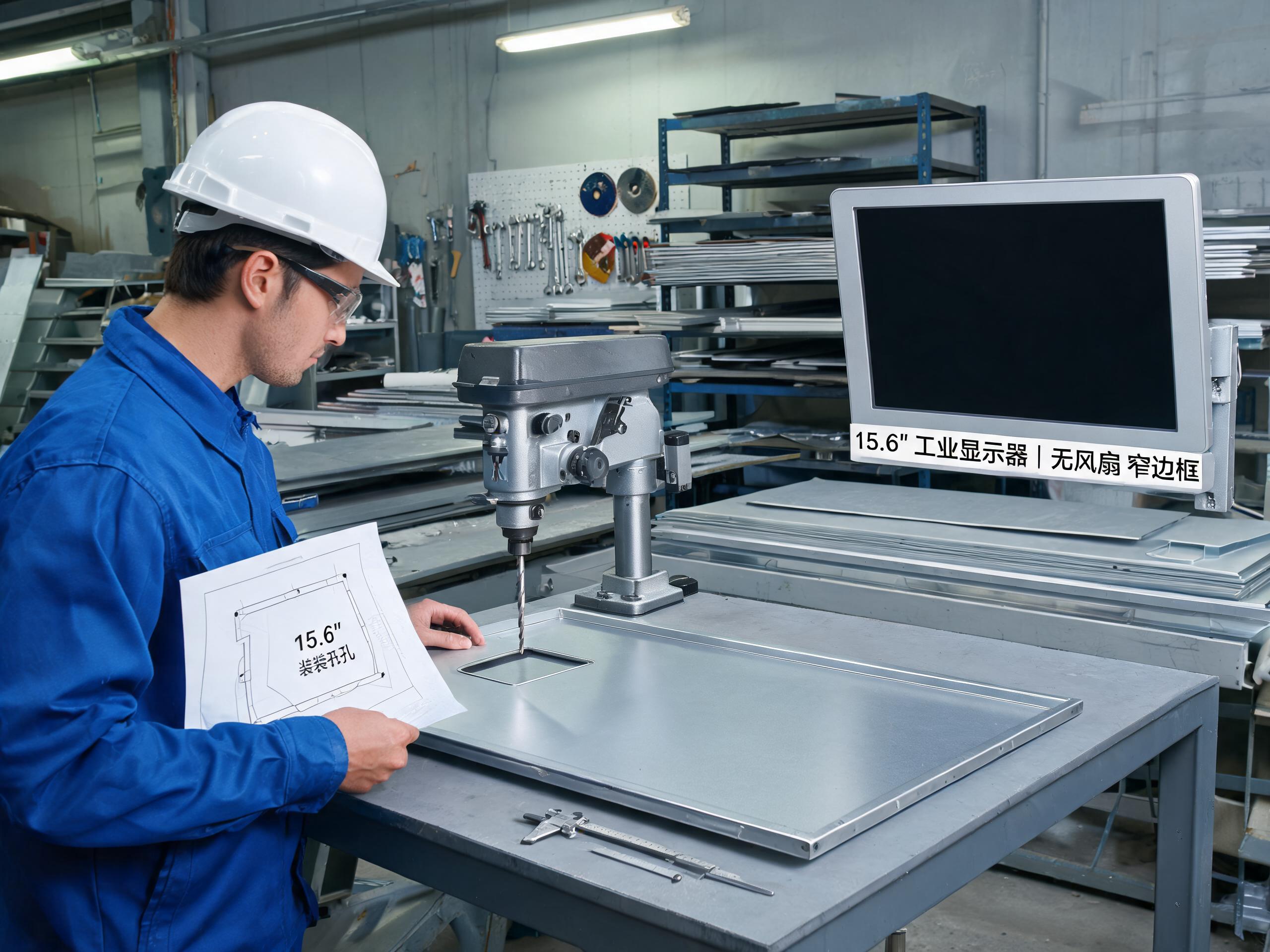 批量装柜从开孔工序开始 15.6工业显示器批量嵌入设备柜体前的钣金开孔与安装工位现场