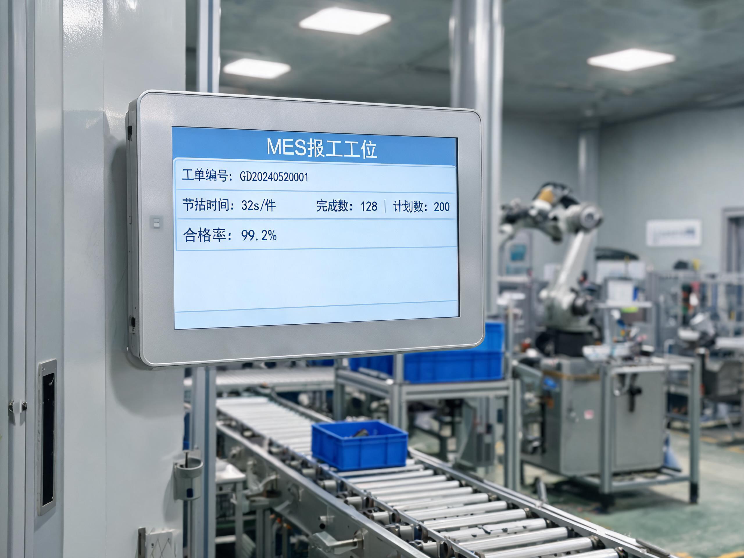 产线报工工位连续运转场景 组装产线mes工位一体机报工工位,纯平触控屏显示工单节拍数据