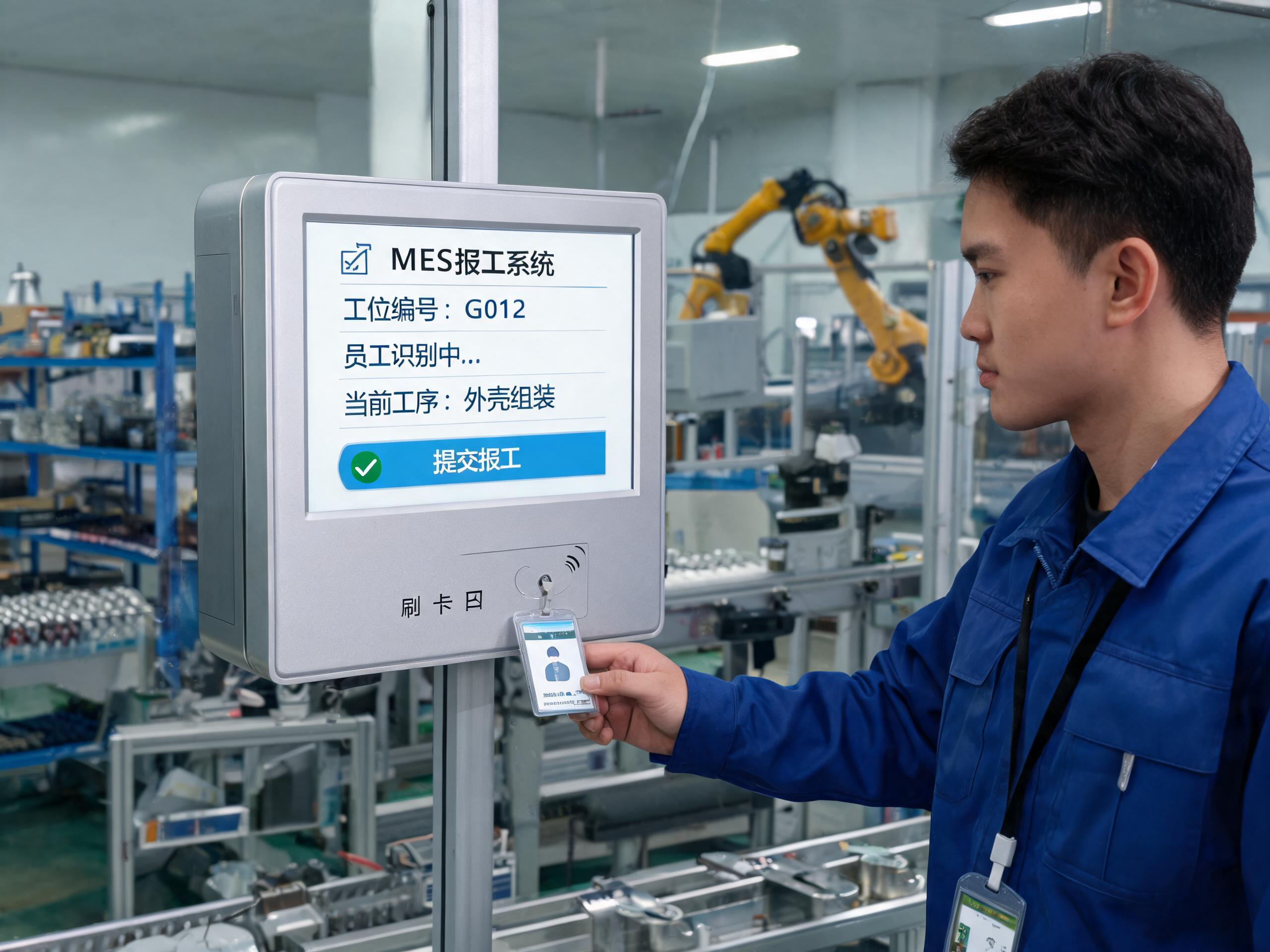 工位终端刷卡实名鉴别现场 工人在mes工位终端一体机前置刷卡区实名登录,纯平屏幕显示报工界面