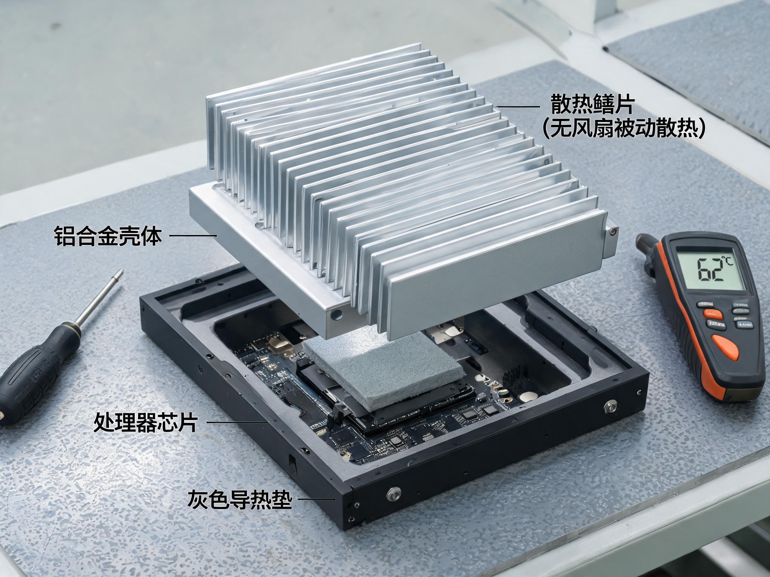 无风扇被动散热路径特写 mes工业一体机铝合金机身鳍片被动散热结构特写,处理器经导热垫连接壳体