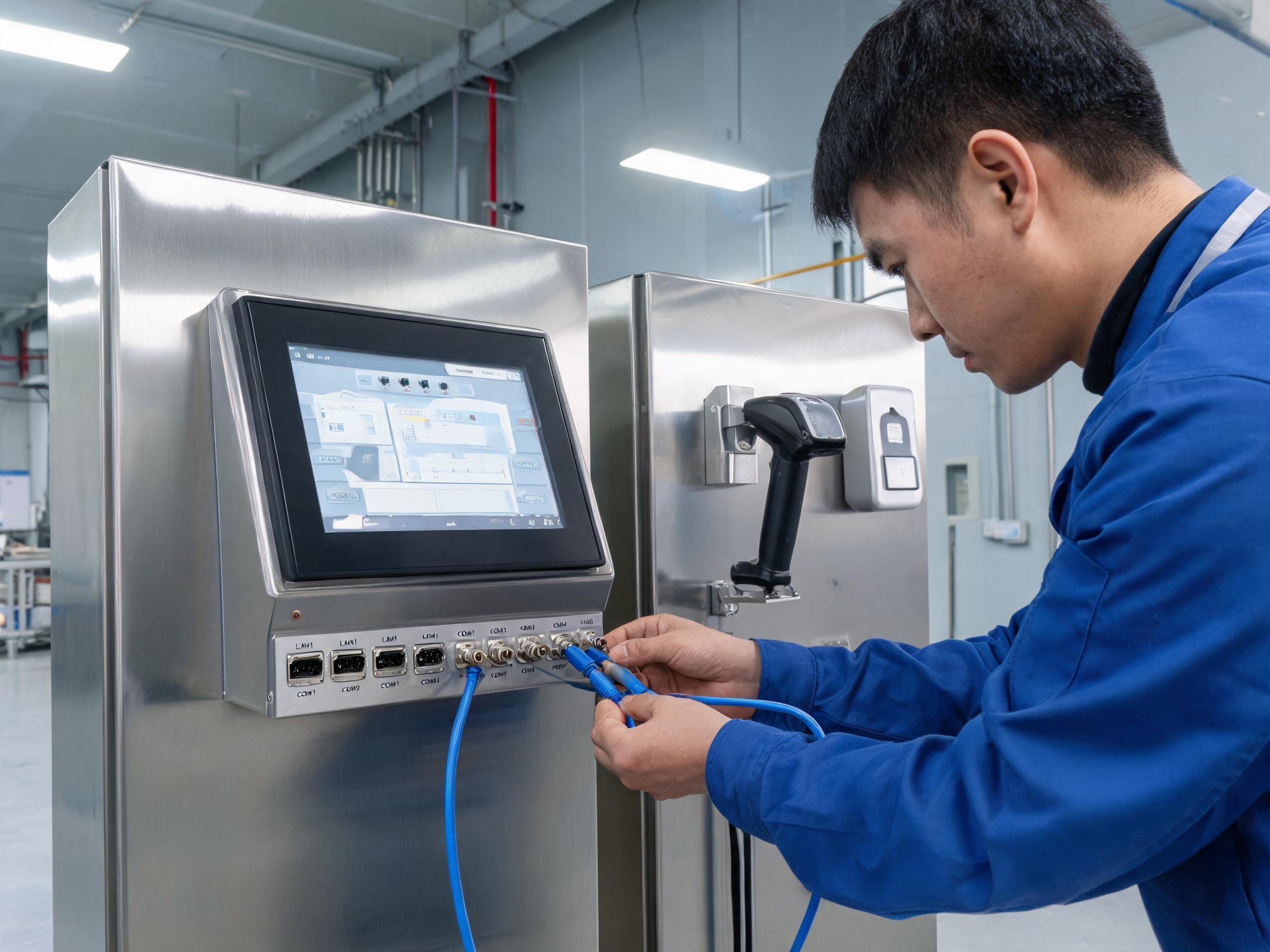 停产前的镜像与接口联调 集成商调试车间内工程师为国产工业一体机部署系统镜像并核对串口网口外设