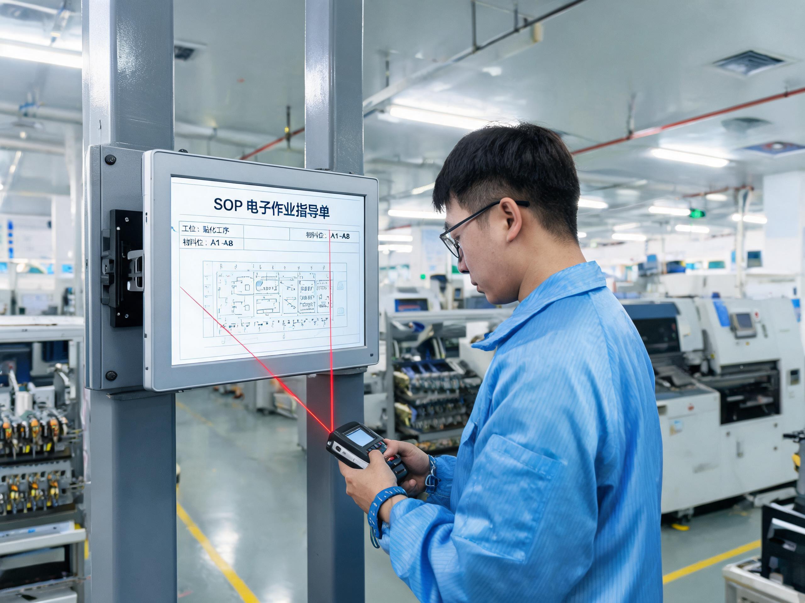 点位先于型号,屏幕要让开工位动作半径 15.6工业显示器壁挂安装在电子车间立柱上显示SOP电子工单现场
