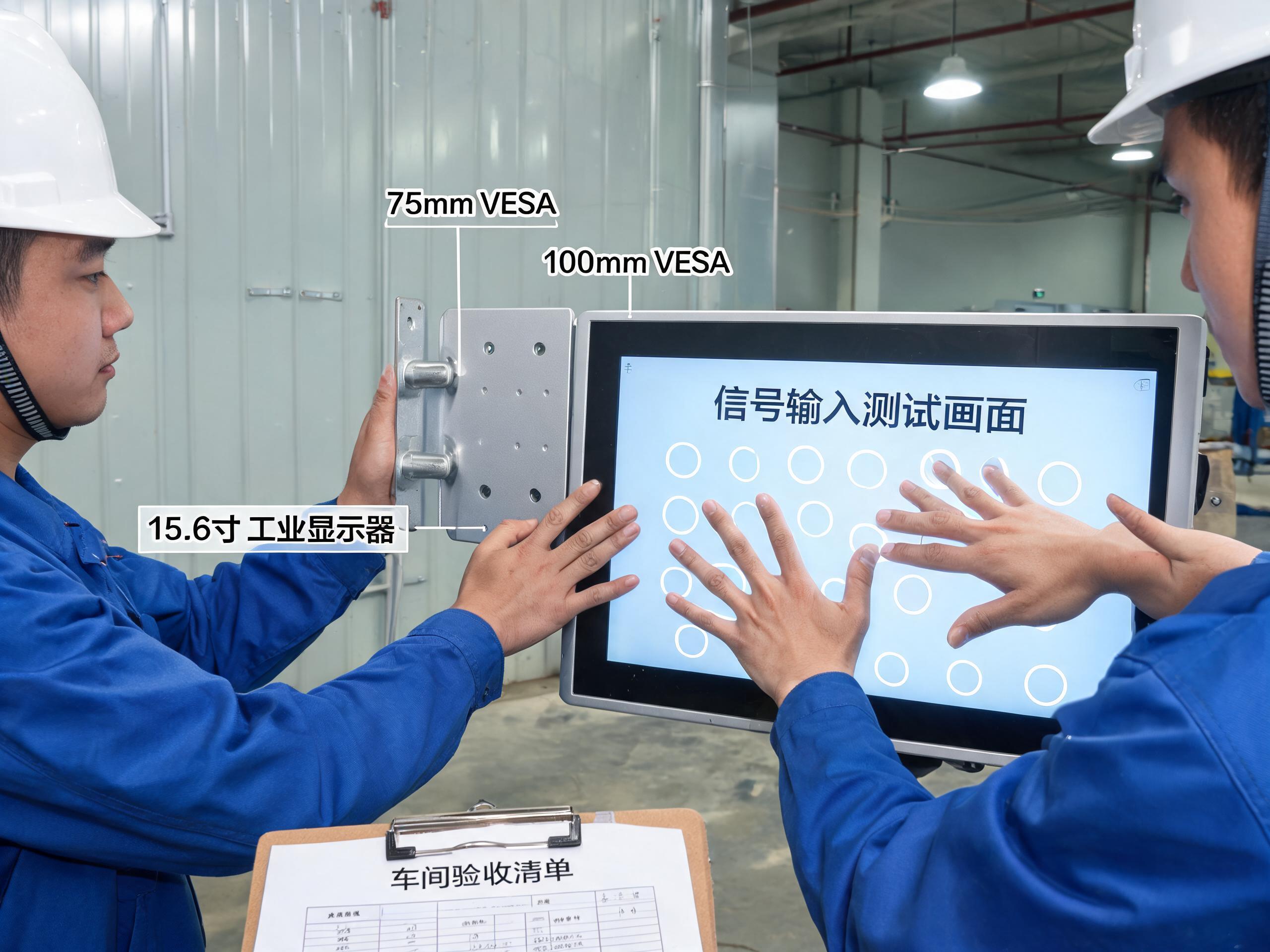 单台试装把干涉点与线材清单锁在批量铺开之前 工程师按VESA孔位将15.6工业显示器挂装到车间壁挂支架并做触控验收