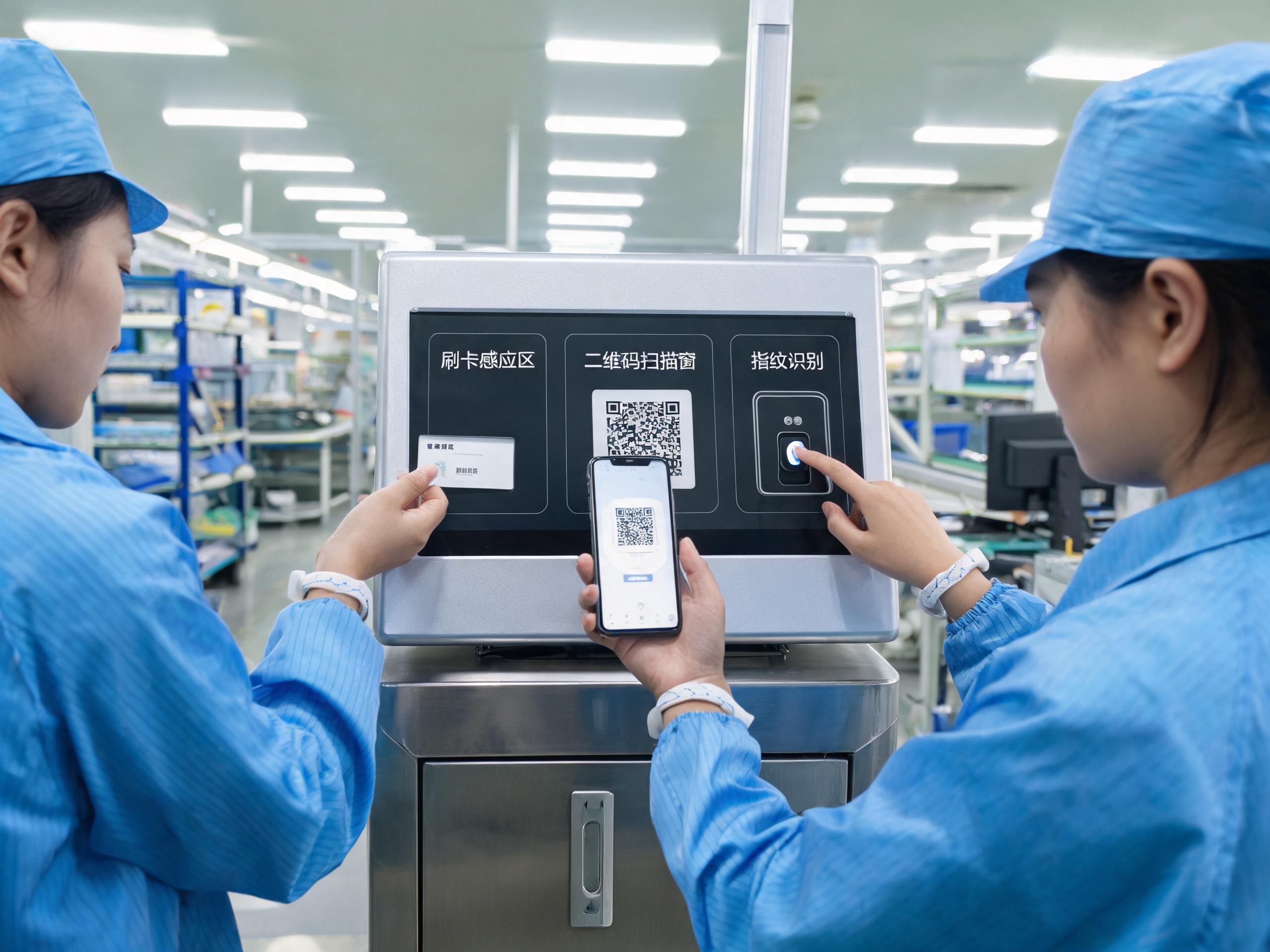 三条报工识别路线共存的工位现场 mes工位一体机纯平面板上集成的刷卡区扫码窗与指纹模块,操作工在电子装配车间以三种方式报工