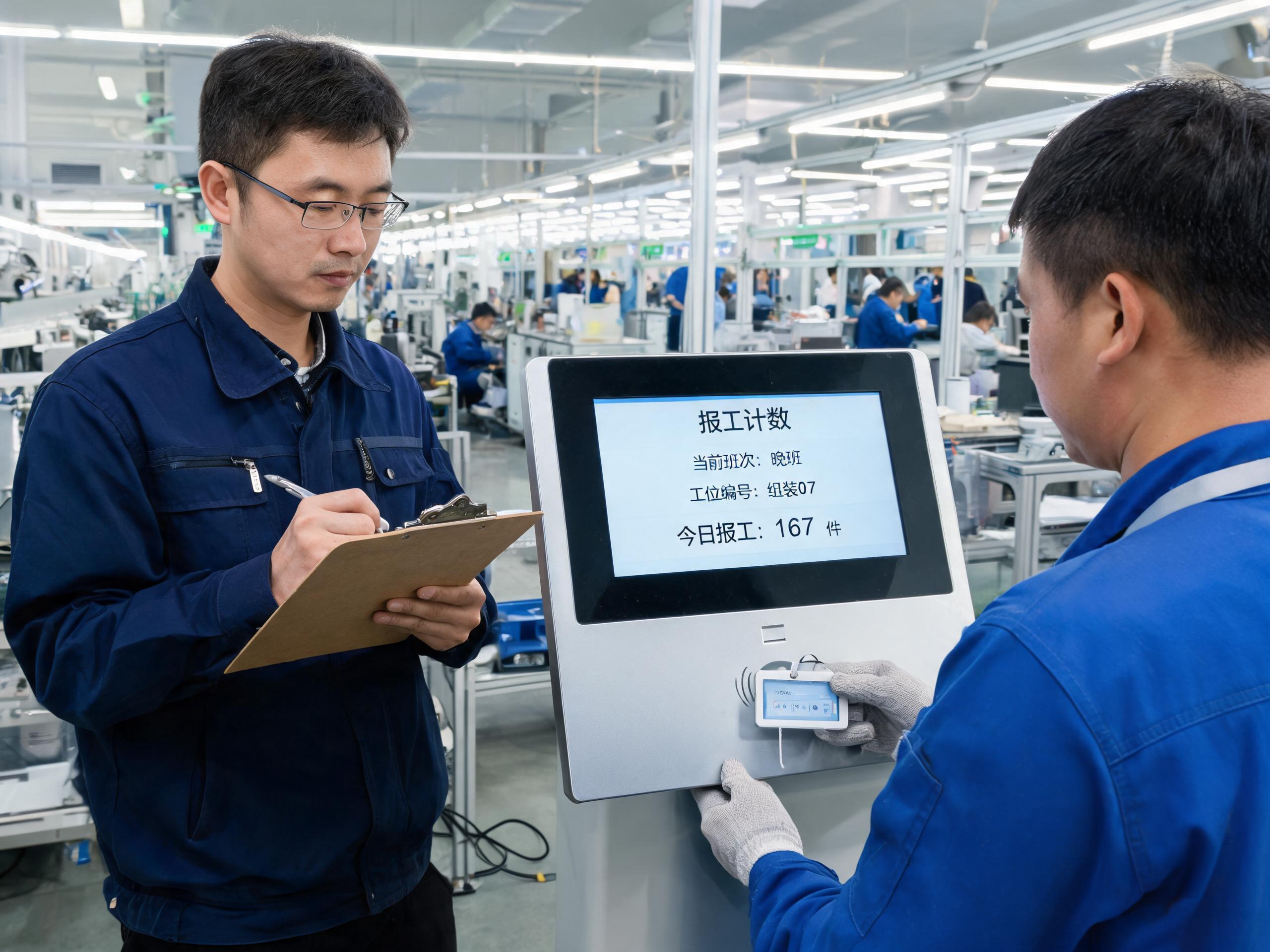 九十天百人台账的报工实测现场 百人组装车间连续班次报工实测,工程师记录操作工在mes工位一体机前刷卡的耗时与成功率
