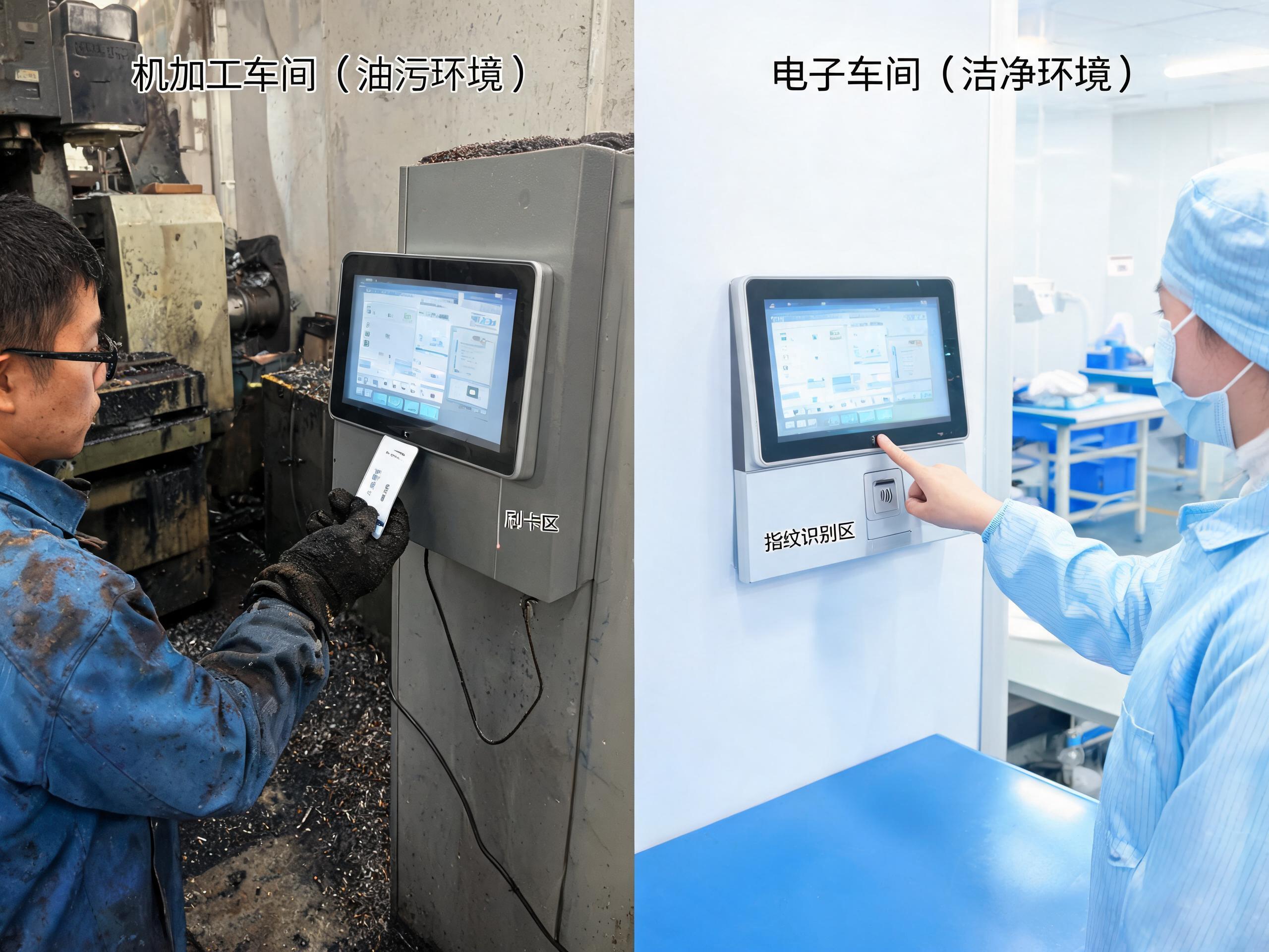 按手套油污与洁净度分流的报工工位 油污机加工车间戴厚手套刷卡与洁净电子车间指纹识别两类工位旁的mes工位一体机对比