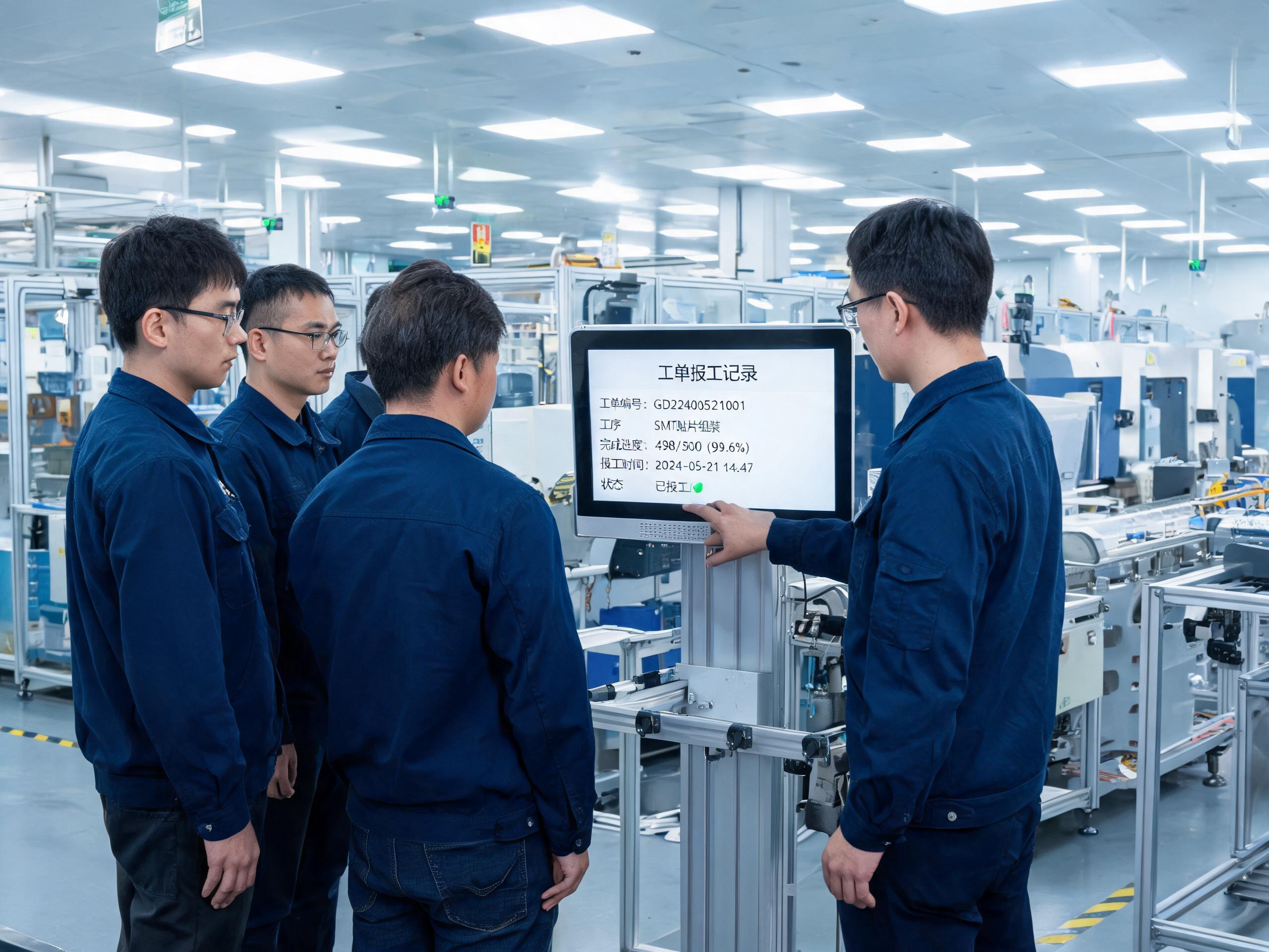 智能工厂梯度评审核查工位数据链路 评审人员在数字化车间工位旁核查mes工位终端一体机的数据采集链路,屏幕显示工单与报工记录