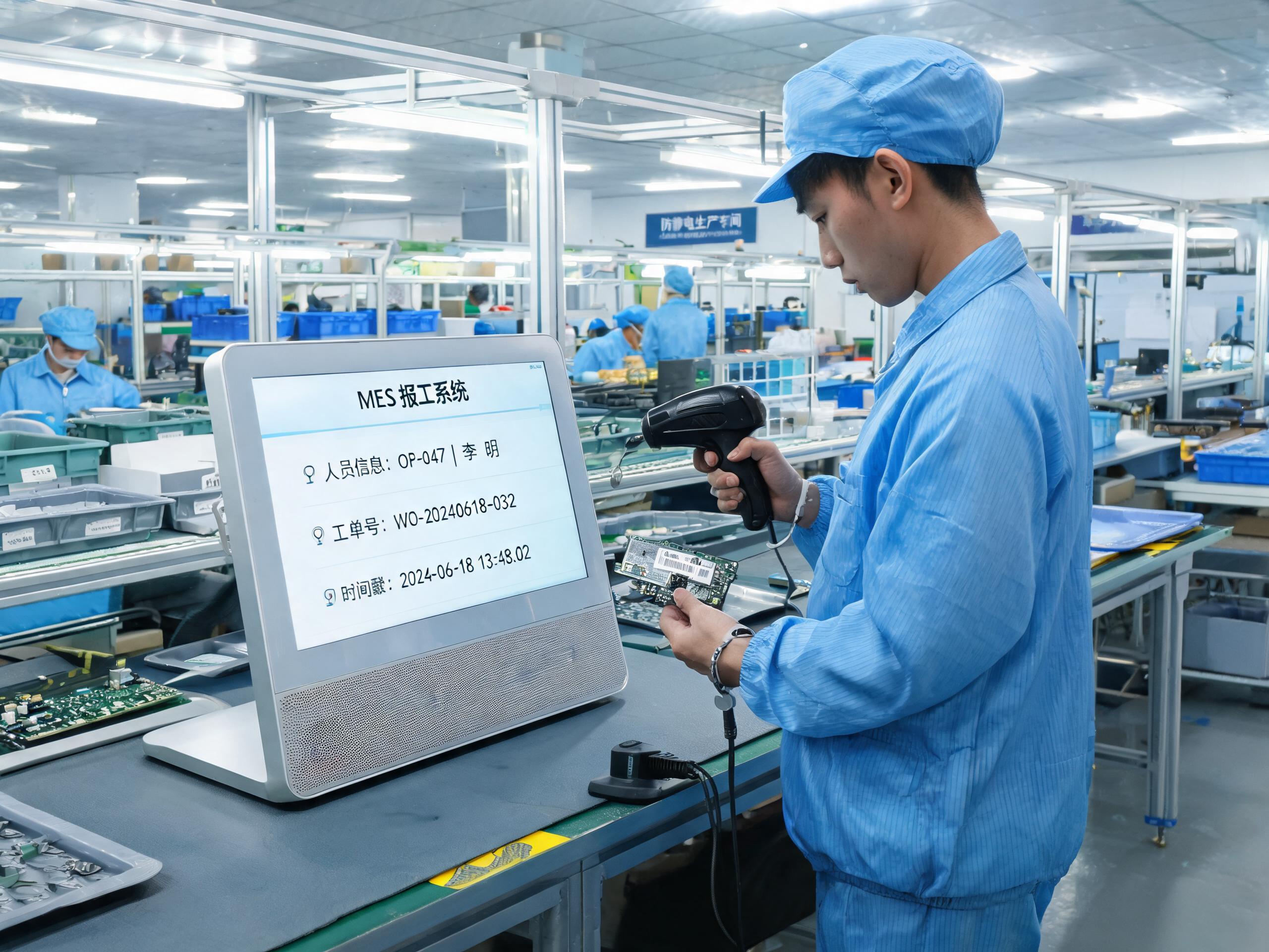 工位报工记录的人员工单与时间戳字段 电子组装产线操作工在mes工位终端一体机前扫码报工,屏幕显示人员工单号与时间戳字段