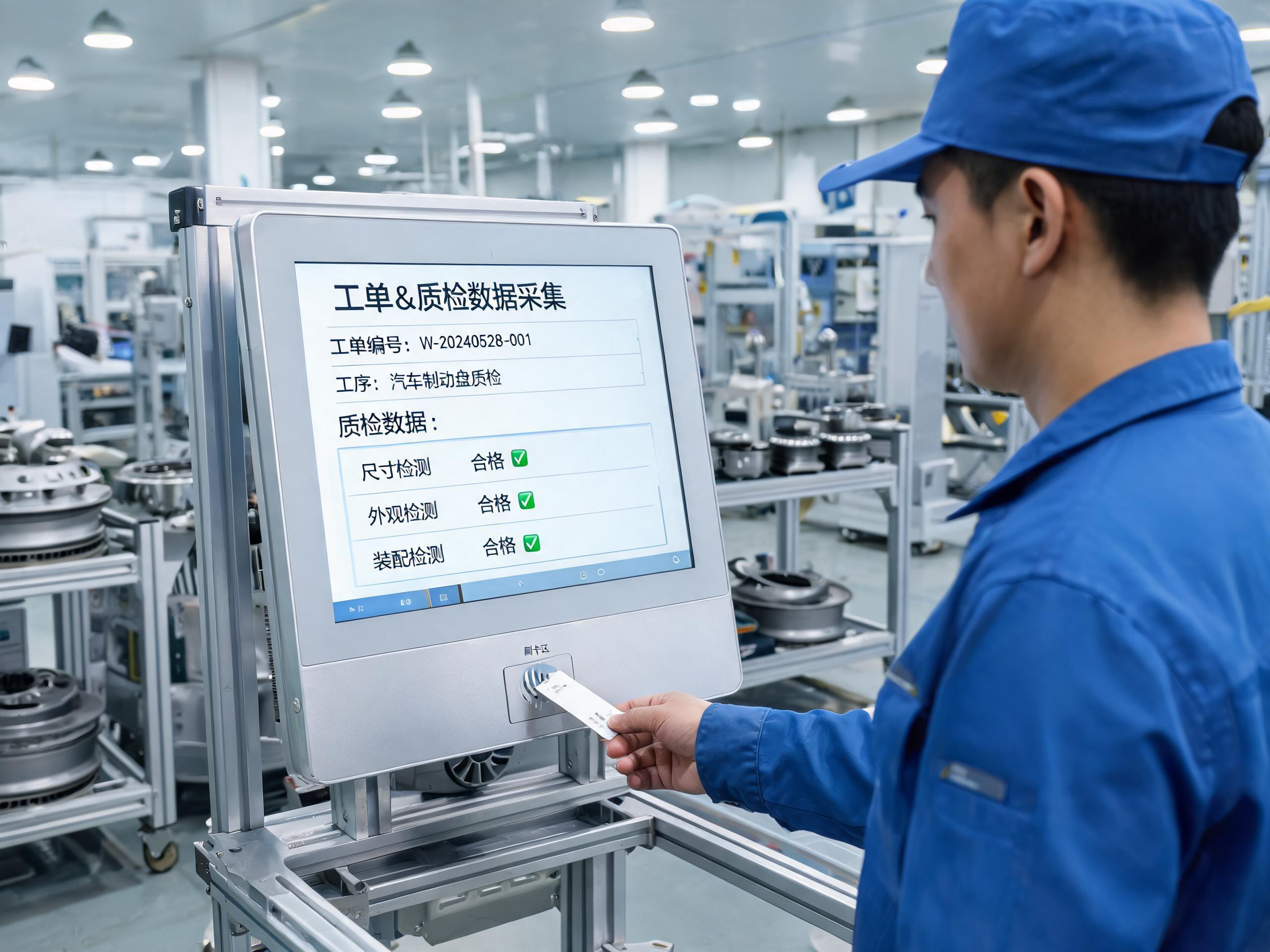 汽车零部件数字化车间内mes工位终端一体机屏幕显示工单与质检数据采集界面