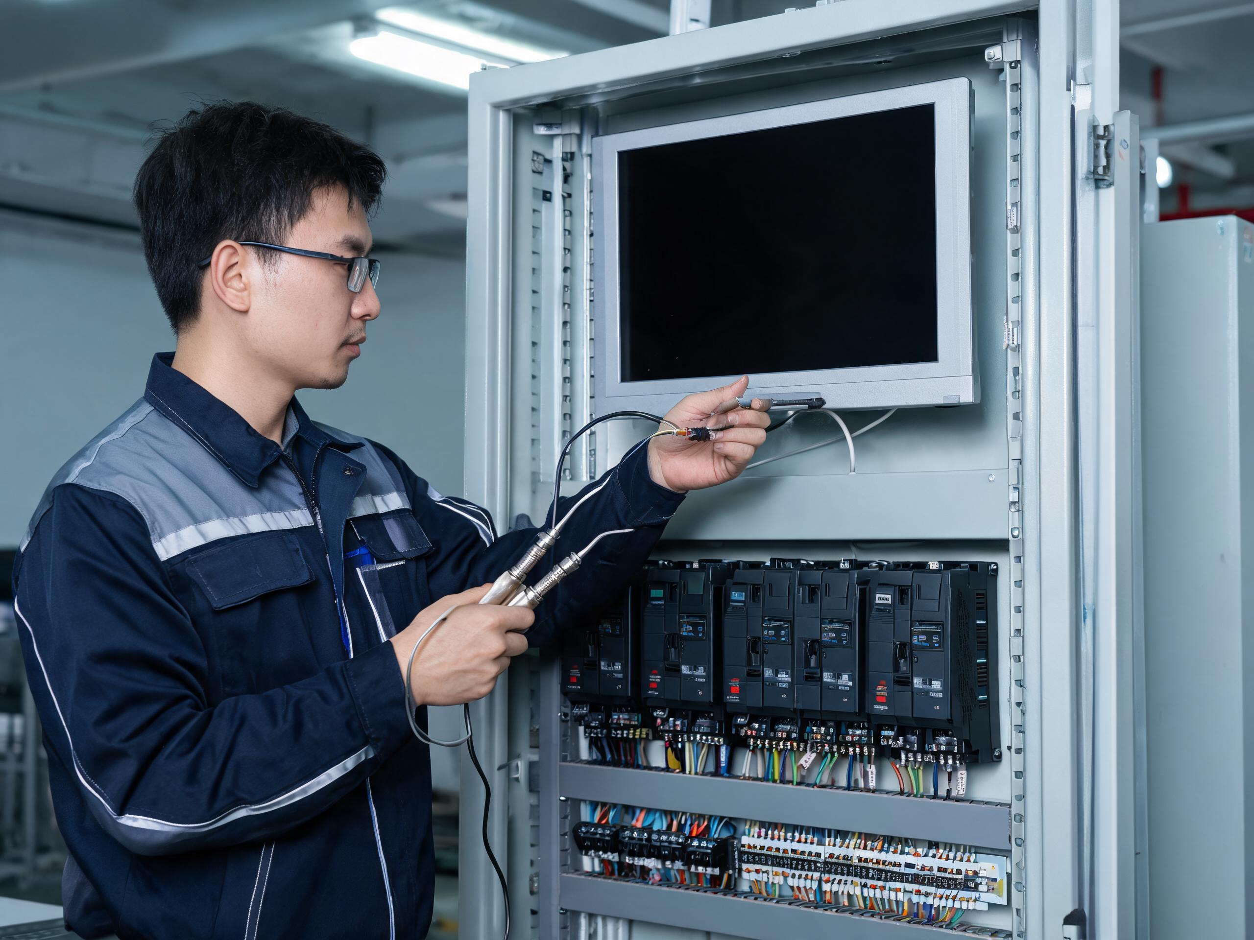 电气工程师在变频器密集的控制柜旁用示波器排查15.6工业显示器触控干扰波形