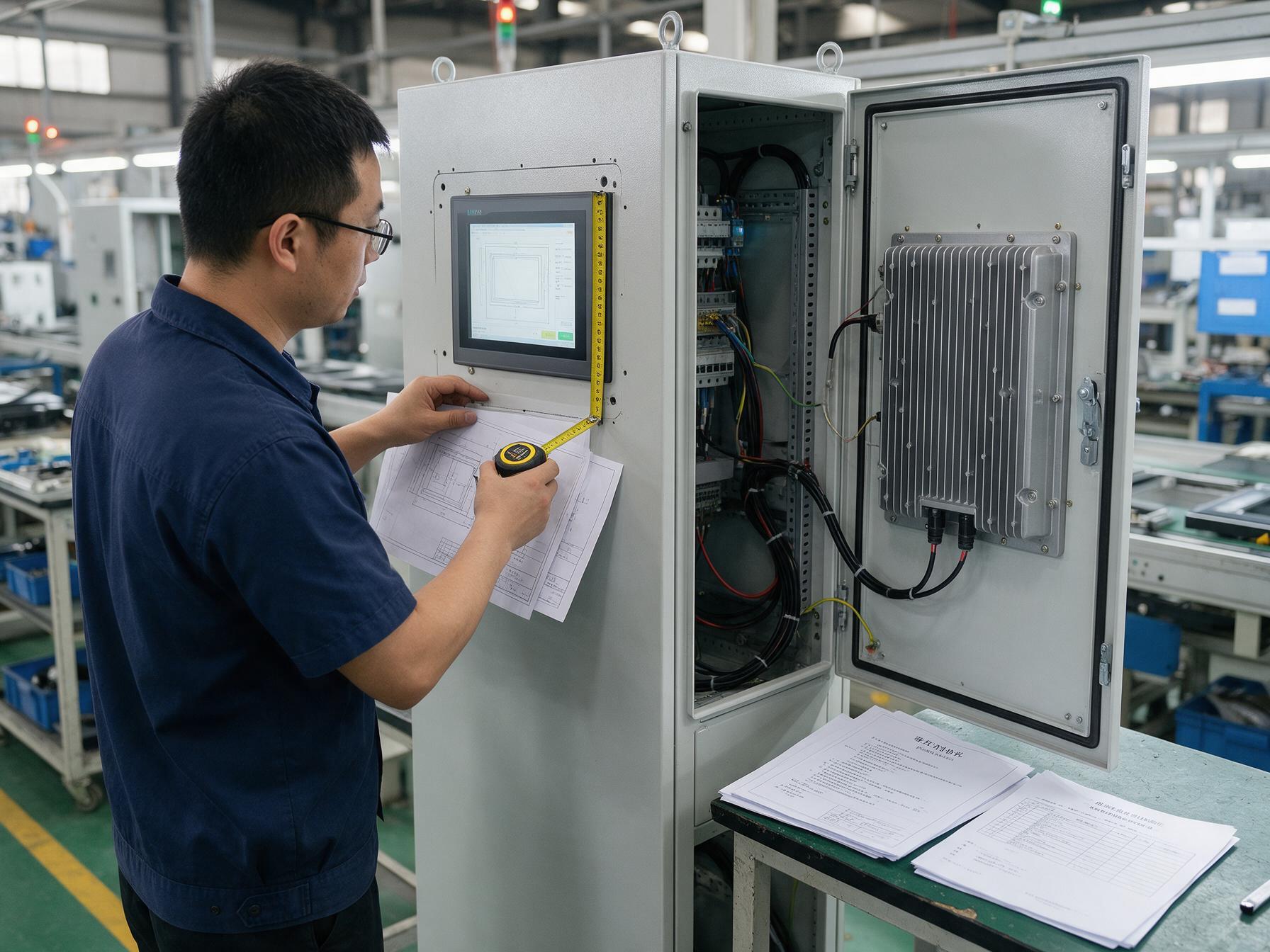 验收清单核对 工程师在样板控制柜前对照图纸核对15.6工业显示器验收清单