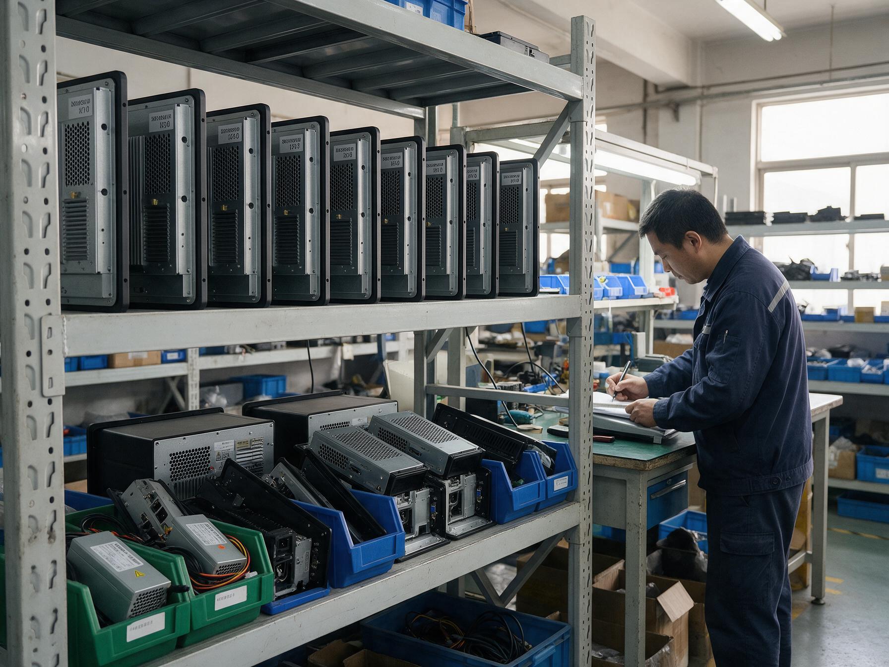 统一镜像的备用整机 备件区货架上的mes工位一体机备用整机与前置模块