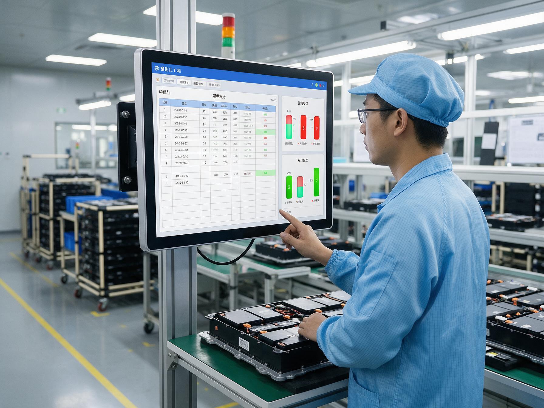 工位点位先于型号确定 锂电PACK车间壁挂安装的15.6工业显示器工位看板