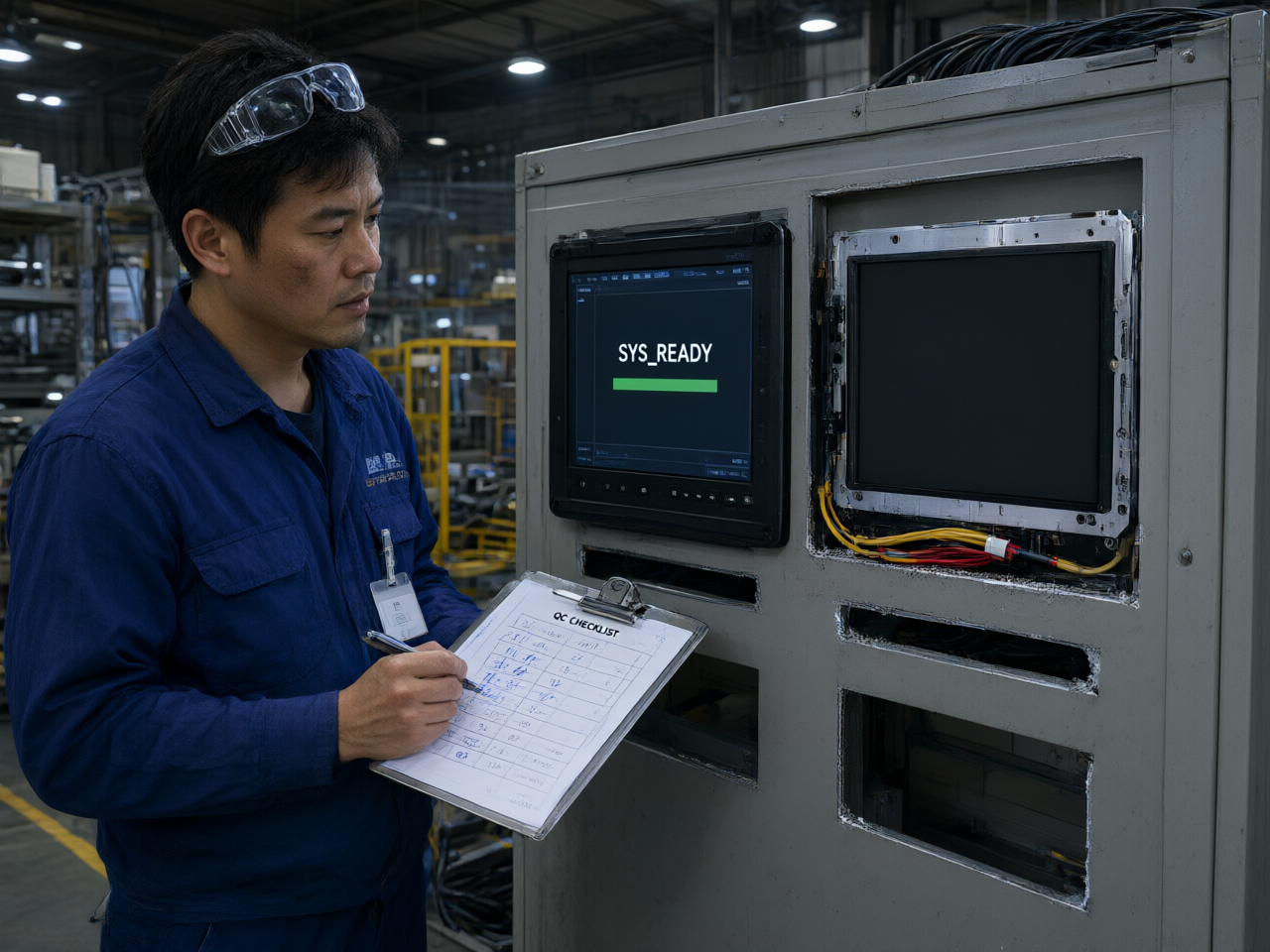 两条路线同柜比对 工程师在设备柜前对照清单核对两台15.6工业显示器的装法