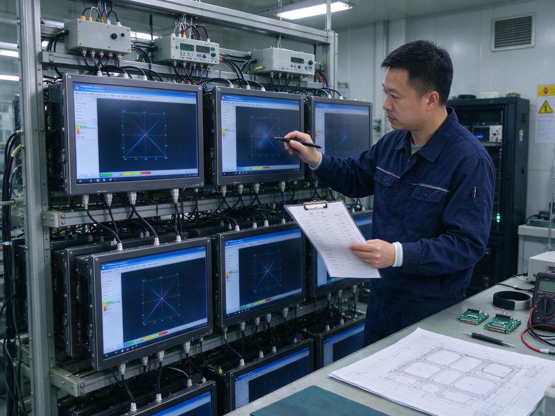 到货验收与备件归一 15.6工业显示器到货批次在测试架上带电点亮与同尺寸备件归一核对
