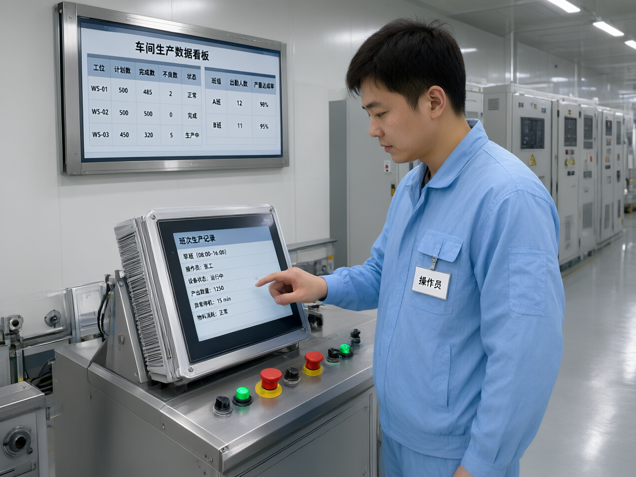 工位原始记录看板 国产工业一体机在车间中控室看板上呈现的工位报工数据