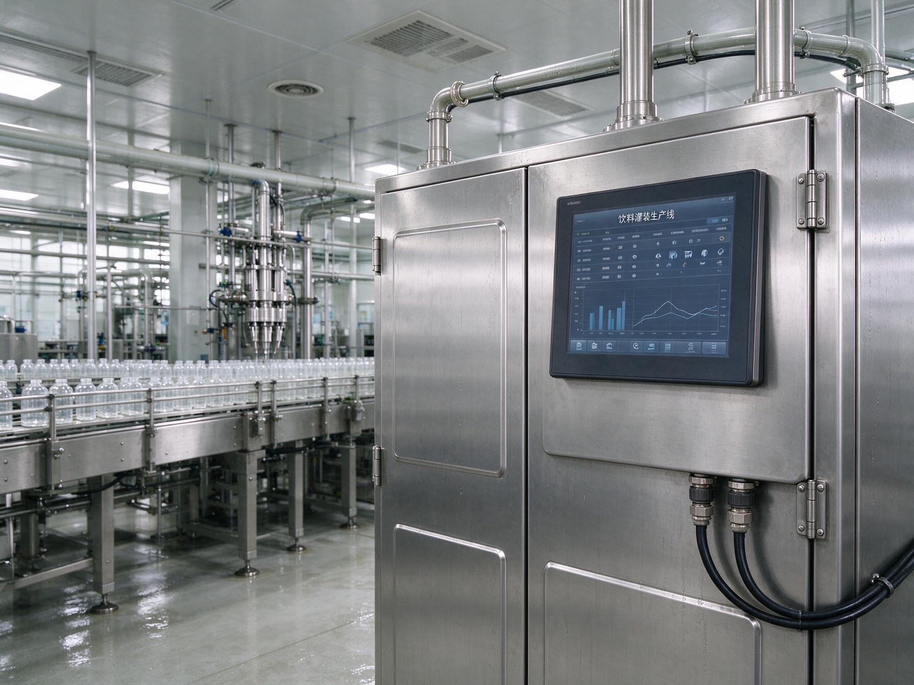 柜门嵌入安装与排水倾角 15.6工业显示器外嵌式齐平安装在食品产线不锈钢柜门上