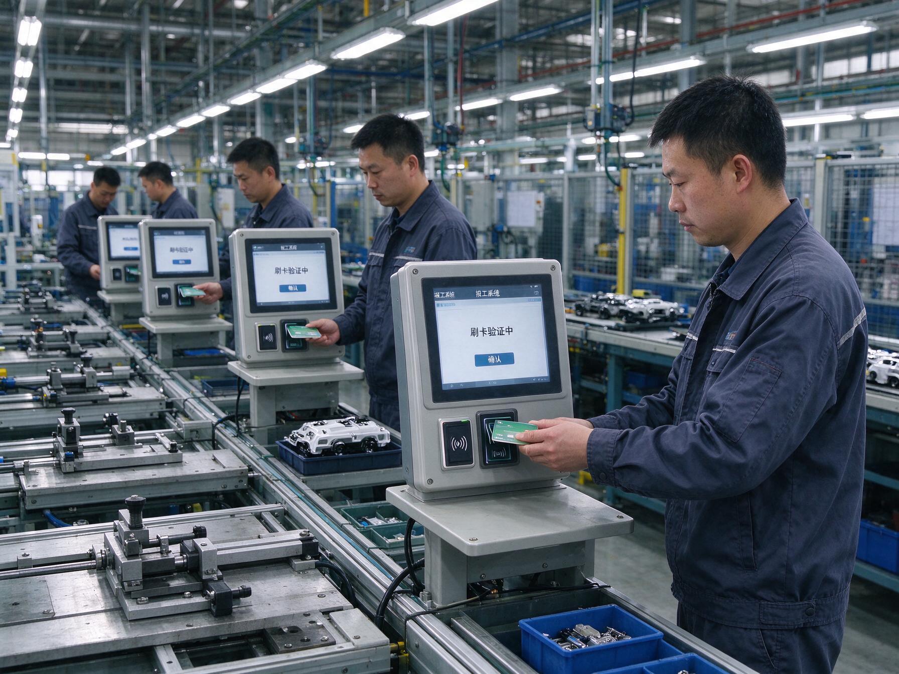 mes工位一体机换班高峰刷卡报工 mes工位一体机在换班高峰依次刷卡报工的场景