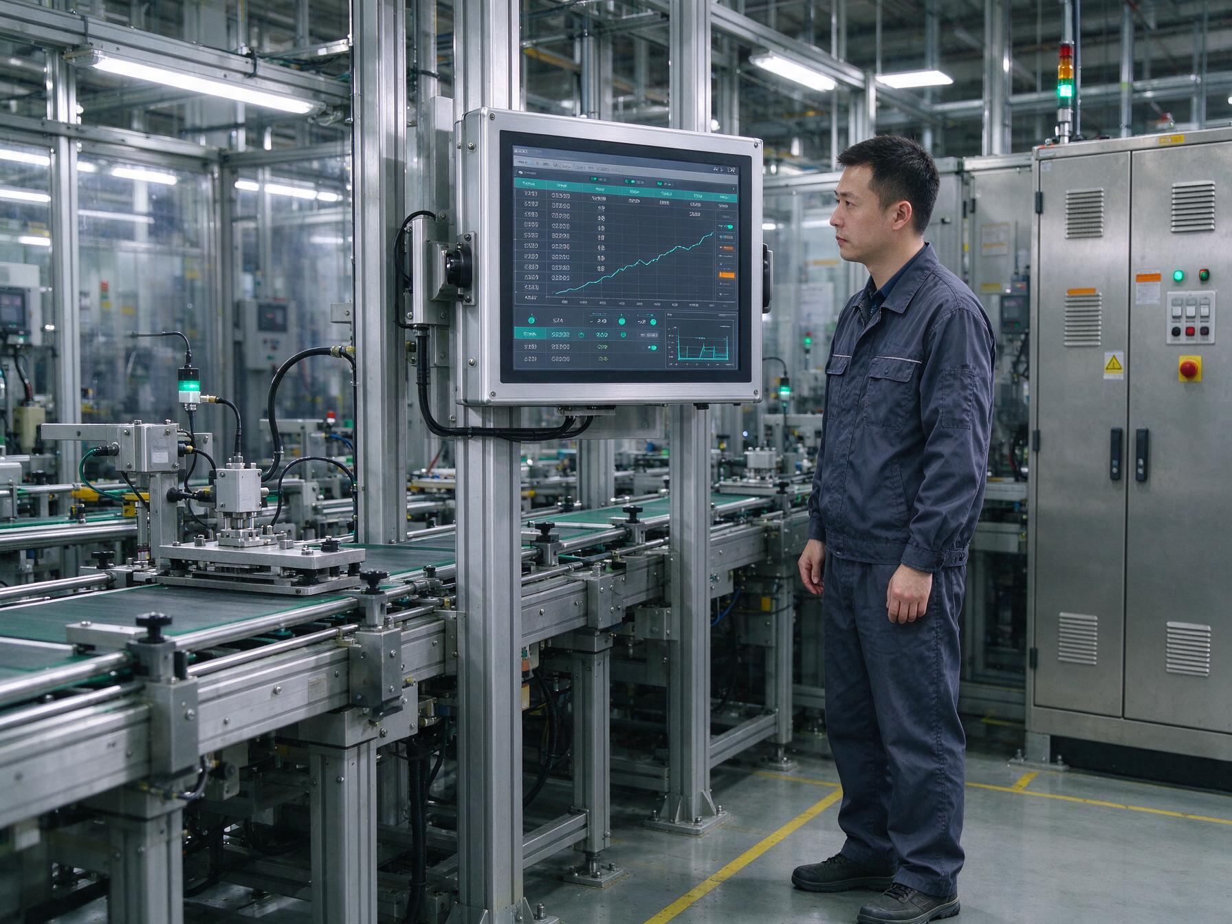 设备工程师验收产线工业显示屏并记录温升信号与维护数据